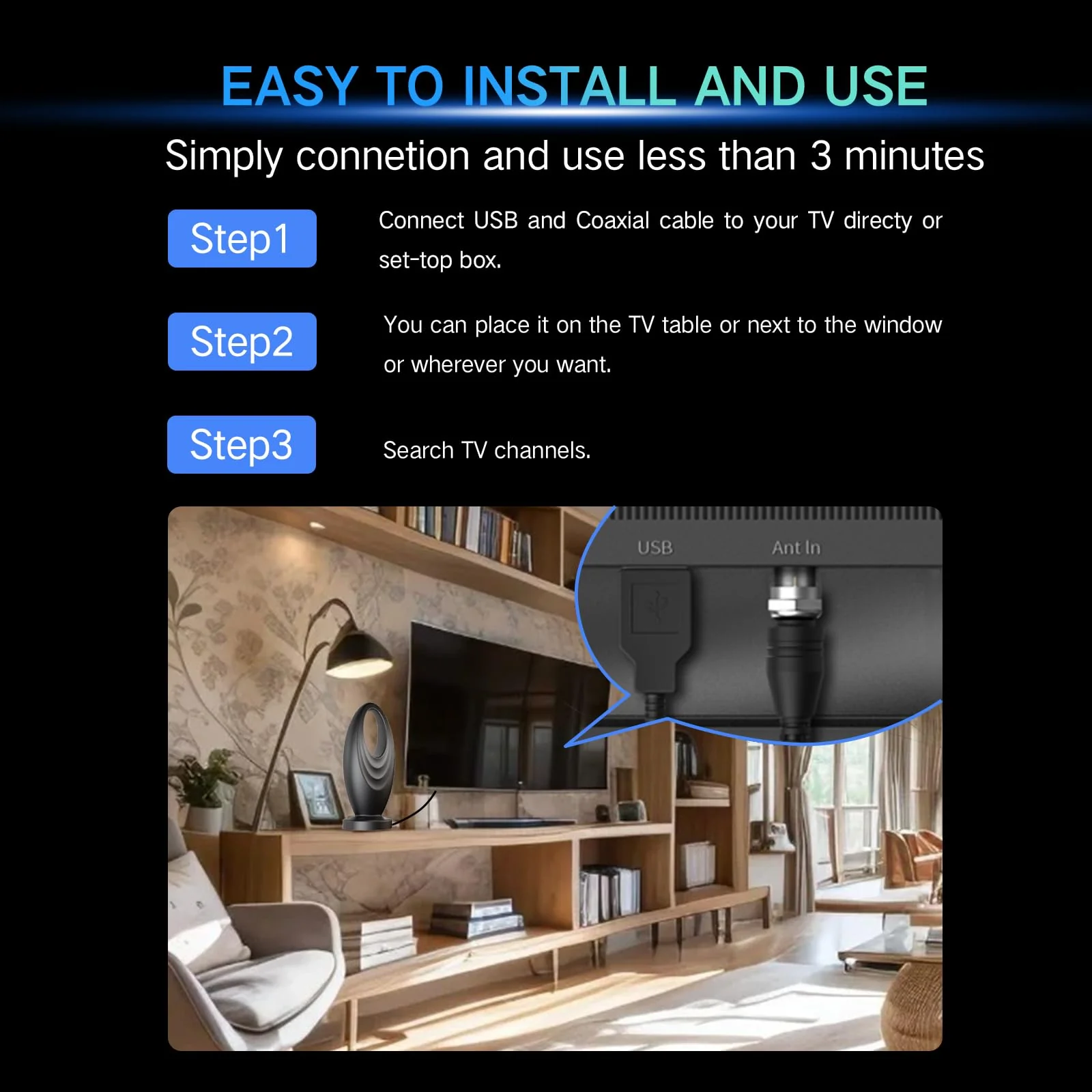 2026 TV Antenna for Smart TV and Old TV, 2200+ Miles Range HD Digital TV Antenna Indoor with 360° Signal Strongest Booster, Supports Local Channels 1080P 4K Reception for Home, RV, Camping (33ft) 33ft - Image 4