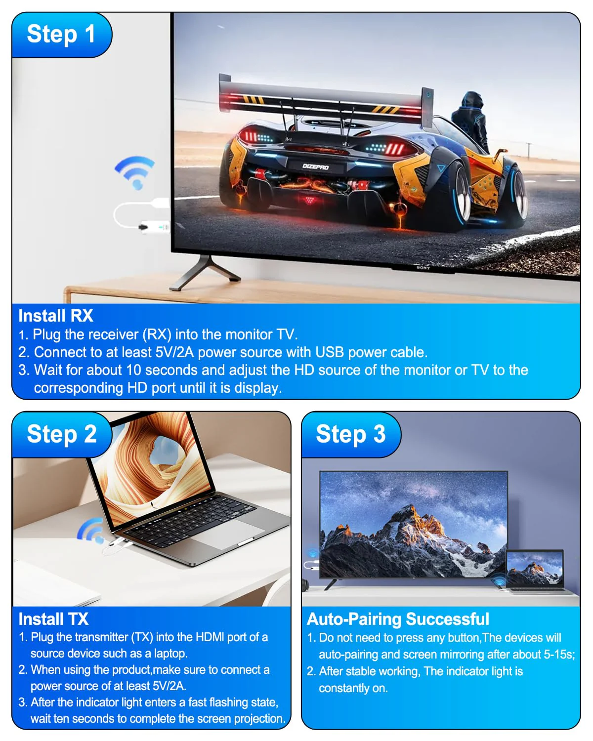 2026 Upgrade Wireless HDMI Transmitter and Receiver 328FT/100M, 4K Decode 1080P@60Hz Ultra HD Extender Kit Display Adapter, Plug & Play 5G+2.4G for Video/Audio to Monitor from TV Box/Laptop/Projector White - Image 9