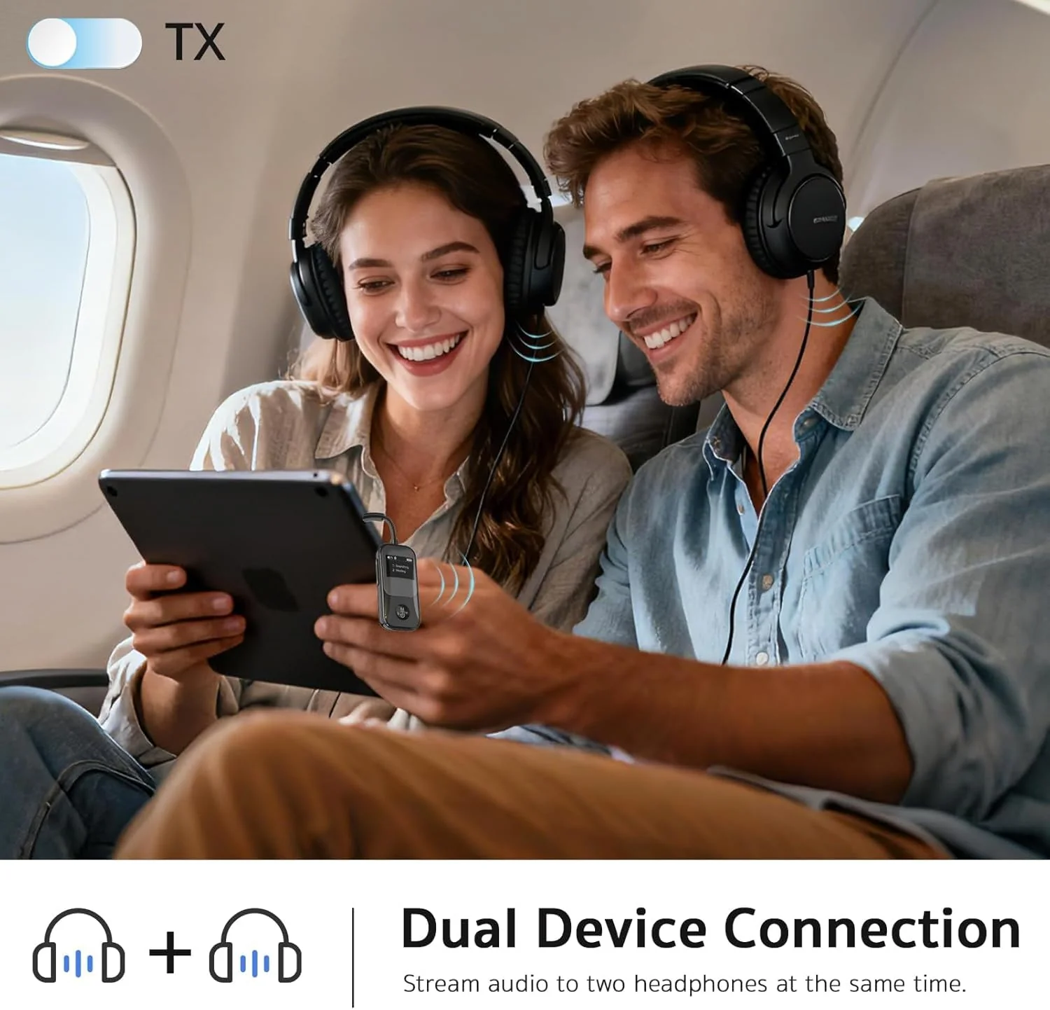 2026 Upgraded Bluetooth 5.3 2-in-1 Audio Adapter, Dual Link for 2 AirPods/Headphones, OLED 3.5mm AUX Transmitter Receiver for Airplane, TV, Car (Black) Black - Image 5