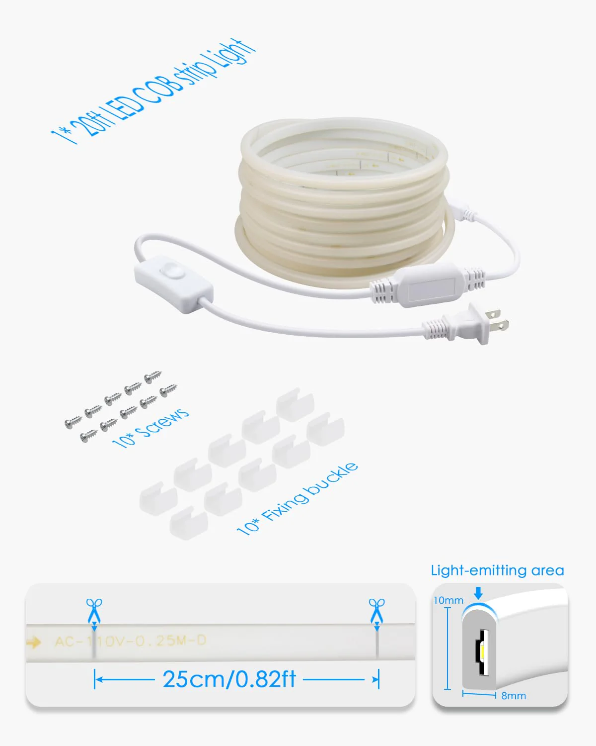 20FT COB LED Strip Light 3000K Warm White AC110V-120V LED Rope Lights Outdoor Waterproof IP65 High Density 288LEDs/M Flexible LED Light Strip with Switch for Garden Bedroom Indoor 6M - Image 6