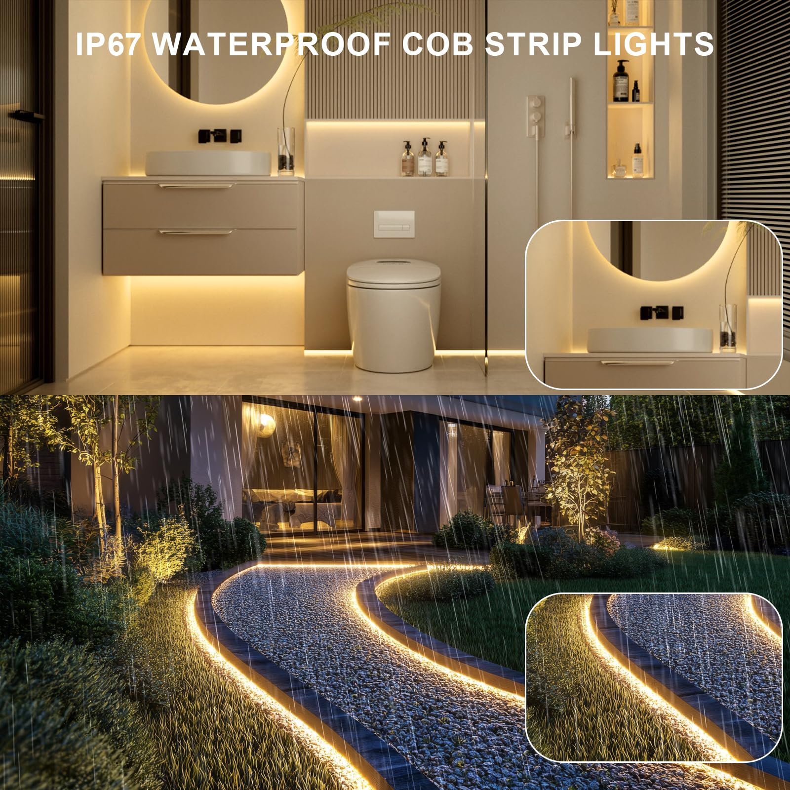 20ft COB Outdoor LED Strip IP67 Waterproof, 6500K Cold Whit DC24V Flexible LED Rope Strips with Remote & App Control Dimmable, DIY Lighting for Indoor, Outdoor, Bedroom, Garden, Patio 20FT COB 3000K - Image 3
