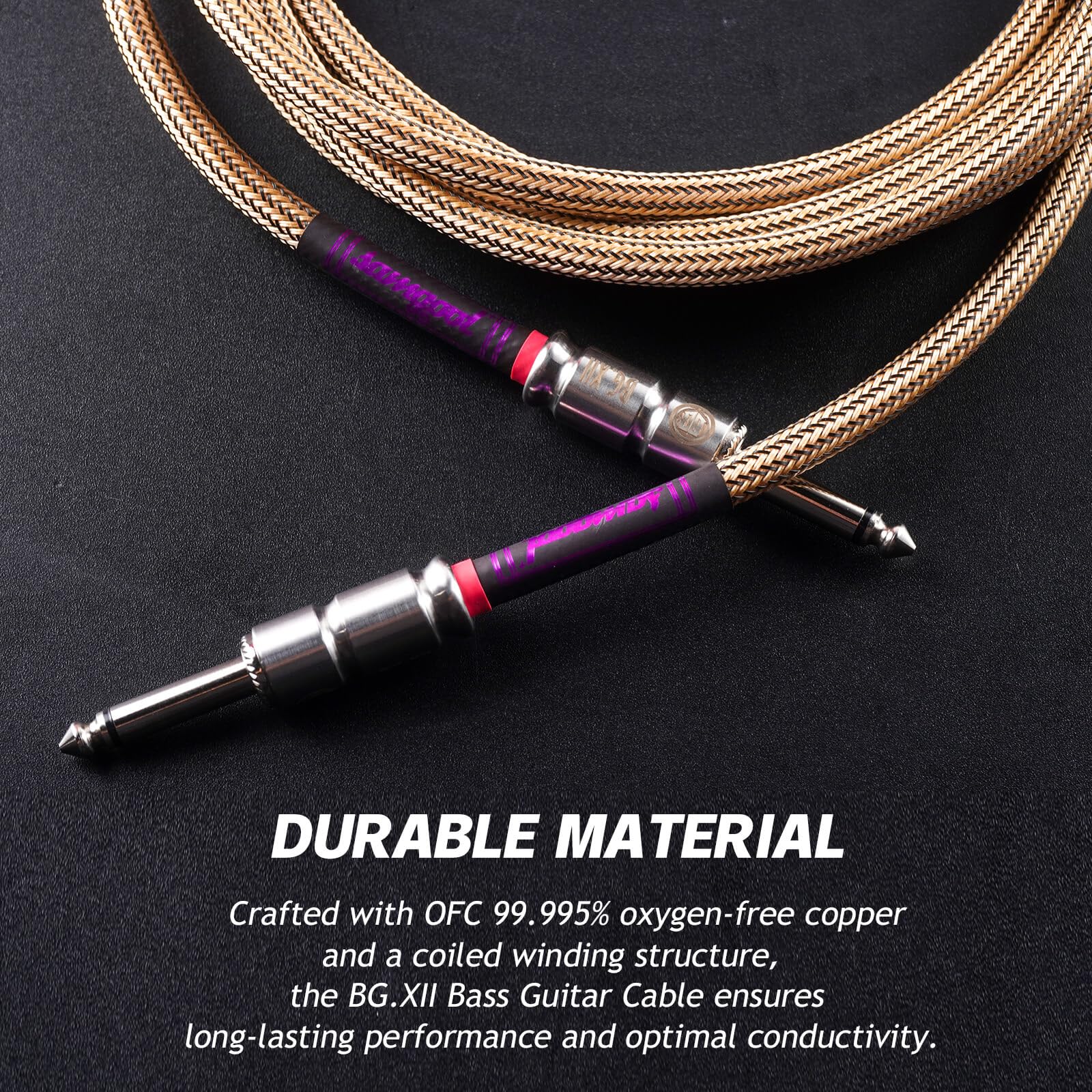 20ft Guitar Cable, 1/4 Inch Straight/Straight Instrument Cable, Electric Cord Guitar Amp Cord for Bass Amp and Instruments (XII Champagne & Black Braided) - Image 4