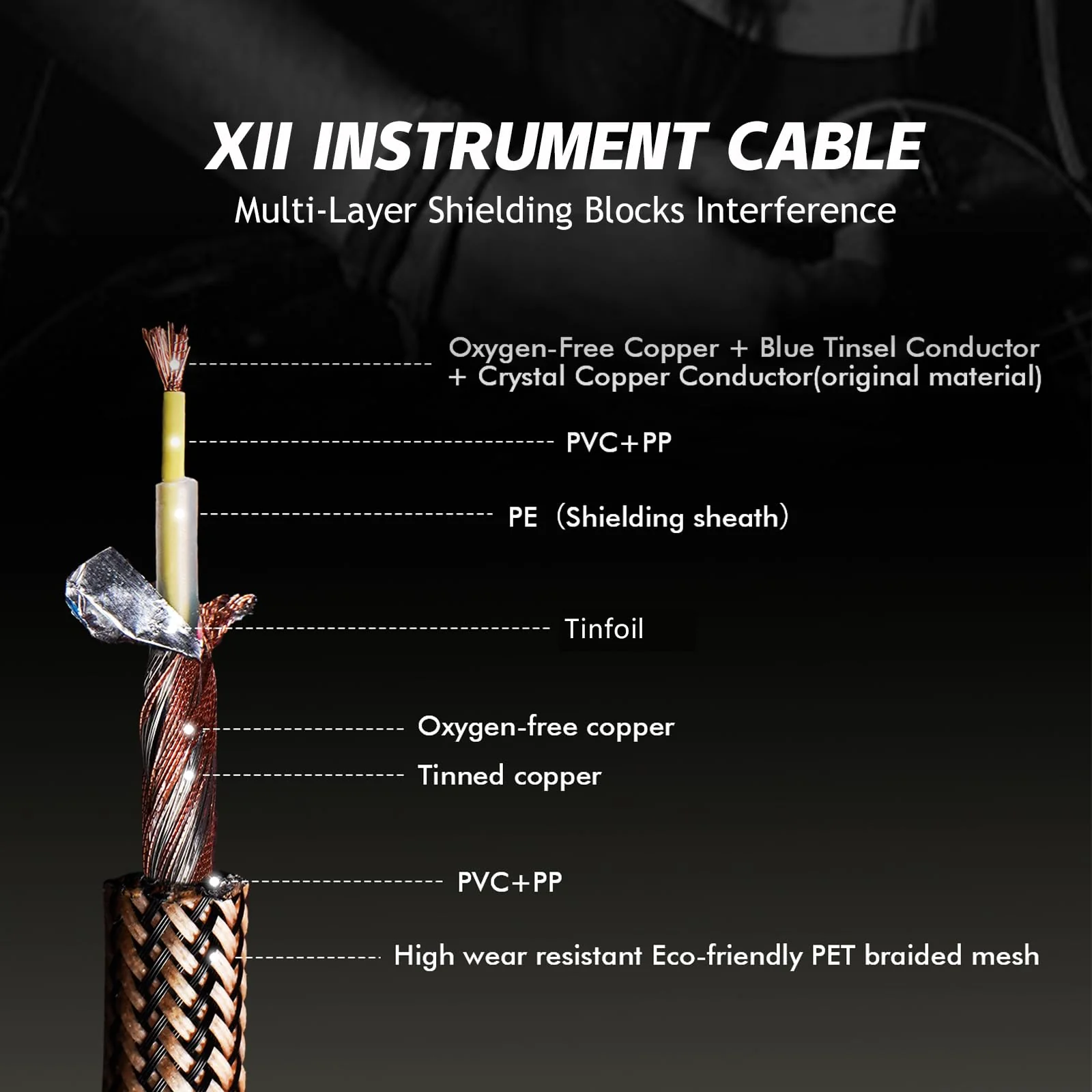 20ft Guitar Cable, 1/4 Inch Straight/Straight Instrument Cable, Electric Cord Guitar Amp Cord for Bass Amp and Instruments (XII Champagne & Black Braided) - Image 5