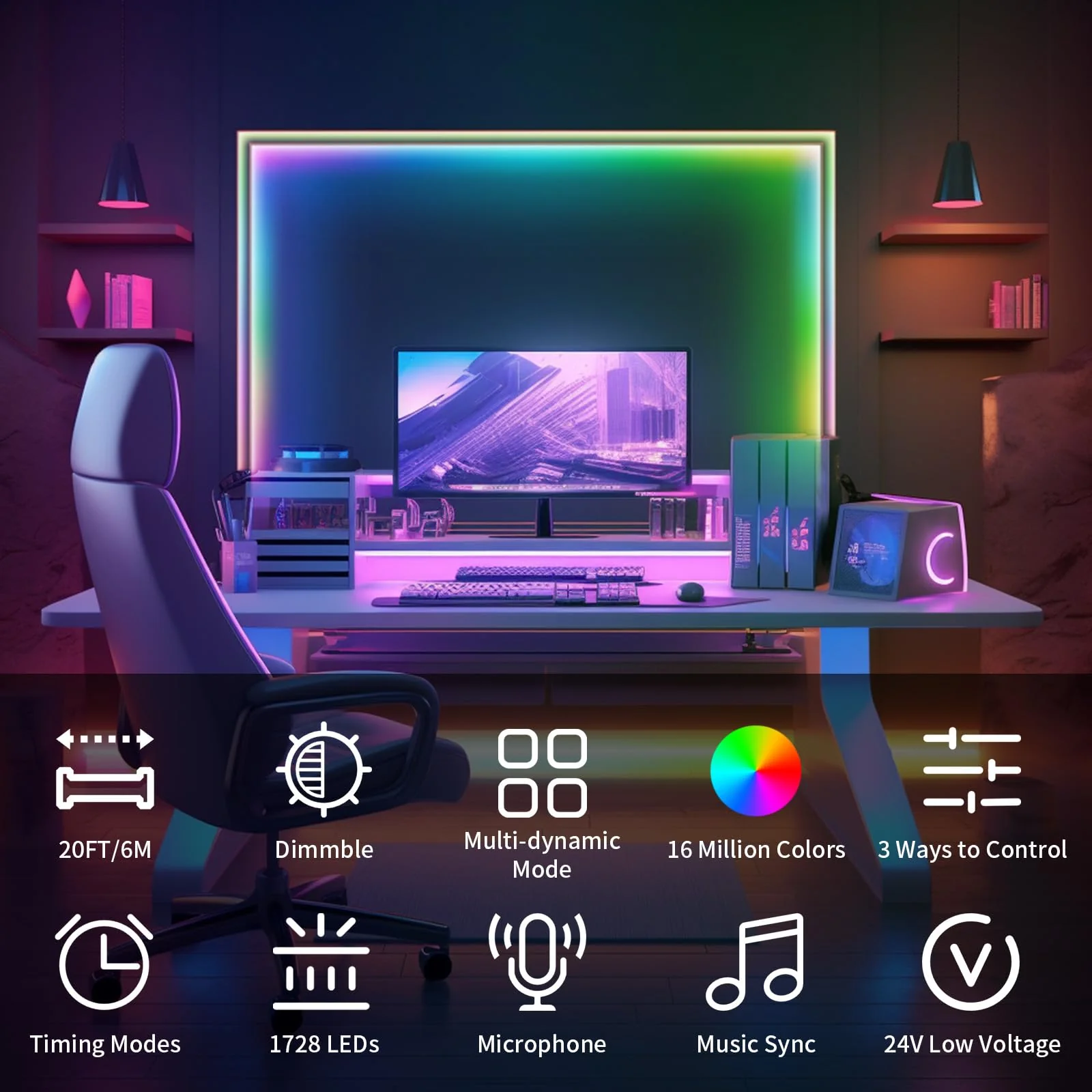 20FT LED Strip Lights COB Smart IC, 24V RGB LED Lights for Bedroom with RF Remote Smart App Button Controller Music Sync Color Changing Strip Lights for Game Room Kitchen Cabinet Lighting 20FT - Image 2
