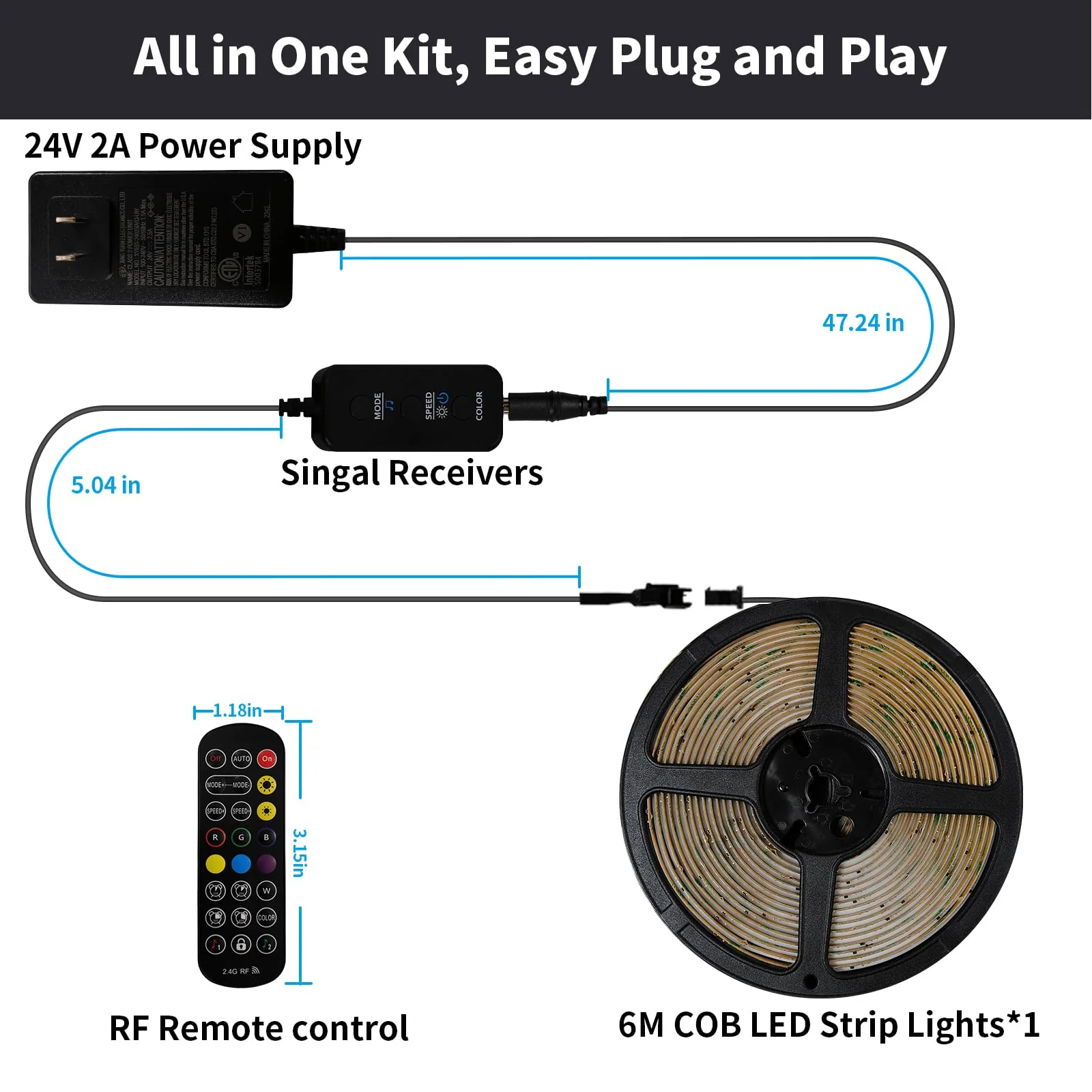 20FT LED Strip Lights COB Smart IC, 24V RGB LED Lights for Bedroom with RF Remote Smart App Button Controller Music Sync Color Changing Strip Lights for Game Room Kitchen Cabinet Lighting 20FT - Image 7