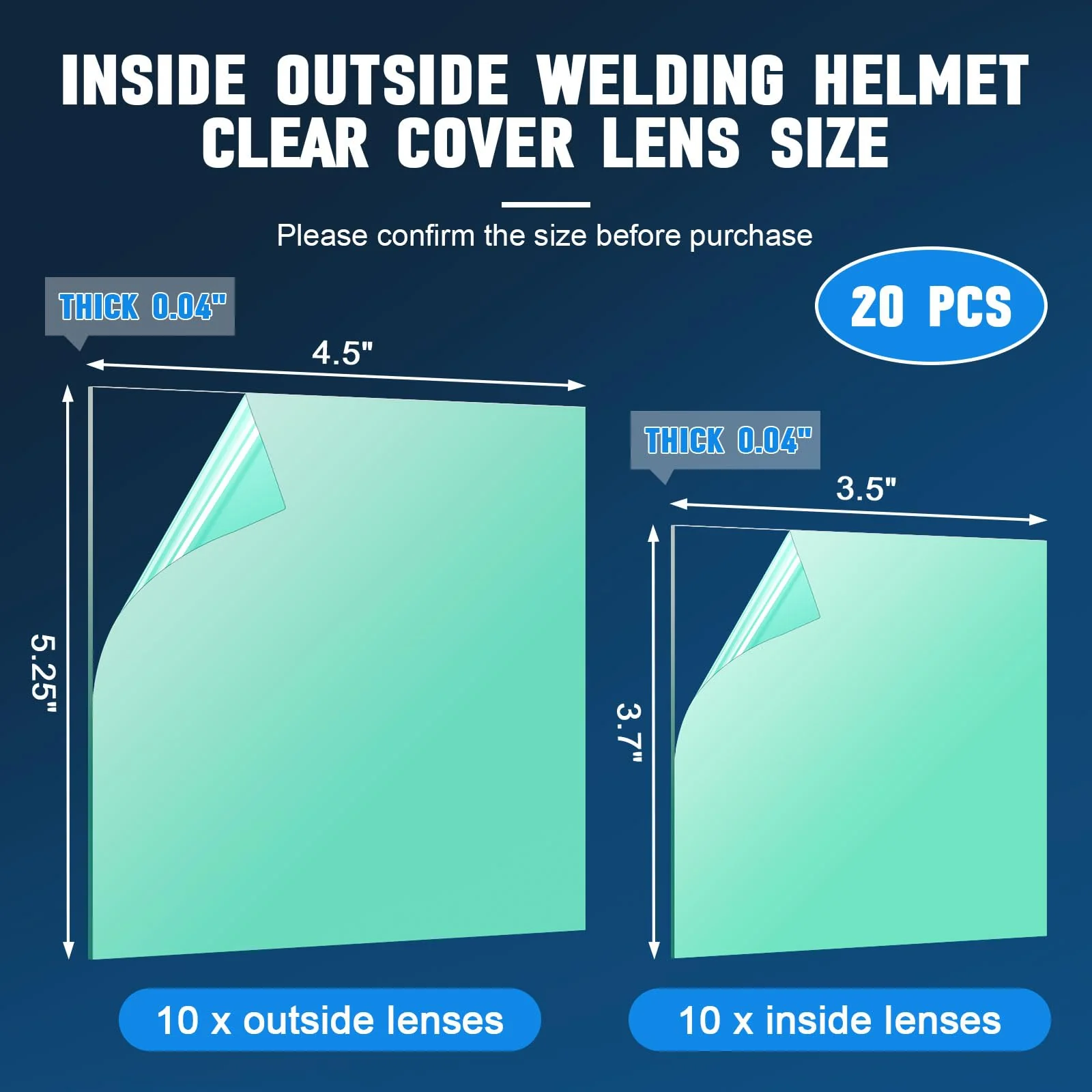 20Pcs 3350 Series Welding Helmet Cover Lens Fits for Lincoln Electric Viking, Inside Outside Helmet Hood Replacement Clear Cover Len 3.7" x 3.5" x .04", 4.5" x 5.25" x .04" - Image 3