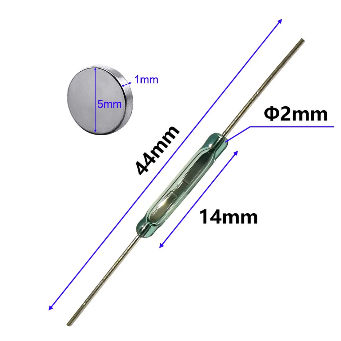 20pcs Glass Reed Switch Reed Contact Normally Open (N/O) Magnetic Induction Switch (2mm×14mm) with 20pcs Multi-Use Magnetic Sheet Transparent-E383 - Image 2