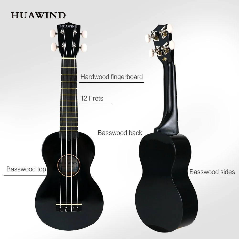 21 Inch Soprano Ukulele for Beginners, Hawaiian Ukulele Four String Wood Ukelele Professional Ukalelee For Adult Student Starter (Black) Black Ukulele - Image 2