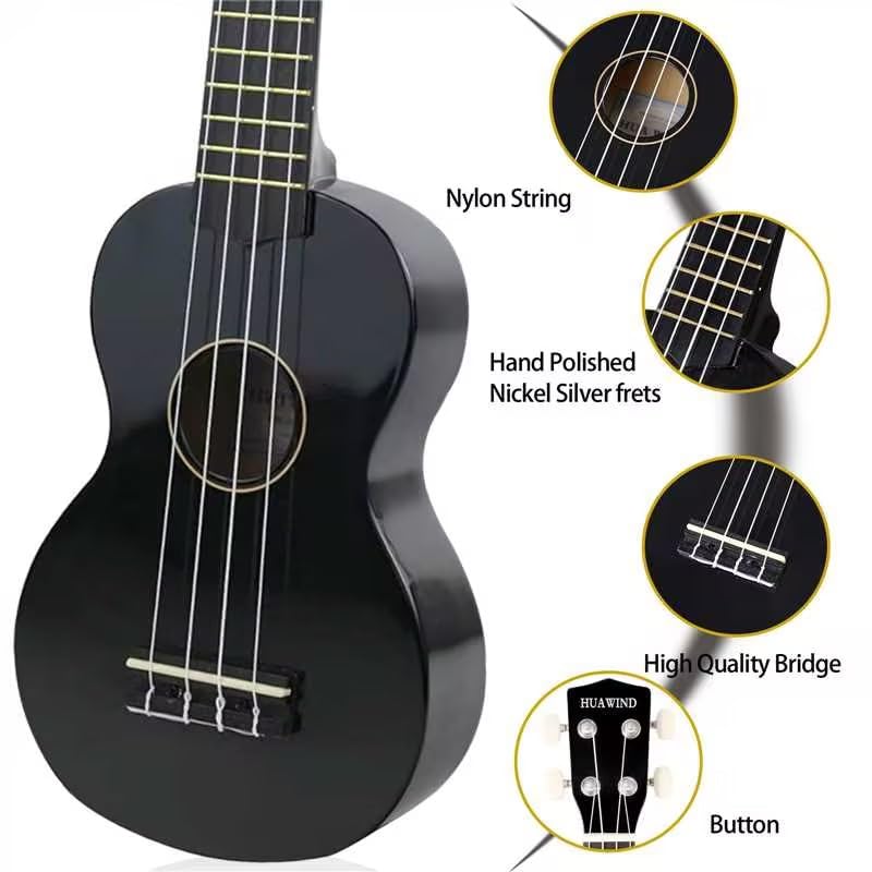 21 Inch Soprano Ukulele for Beginners, Hawaiian Ukulele Four String Wood Ukelele Professional Ukalelee For Adult Student Starter (Black) Black Ukulele - Image 4