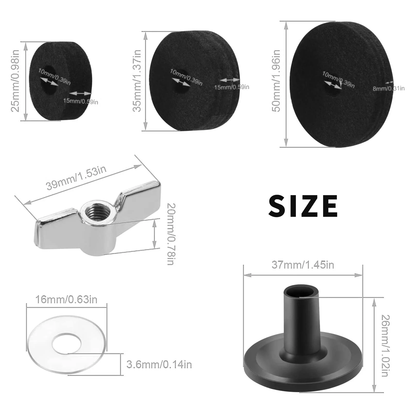 21 Pcs Cymbals Replacement Accessories Cymbal Stand Felts Hi-Hat Clutch Felt Cup with Sleeves, Base Wing Nuts and Washers for Drum Set Black - Image 2