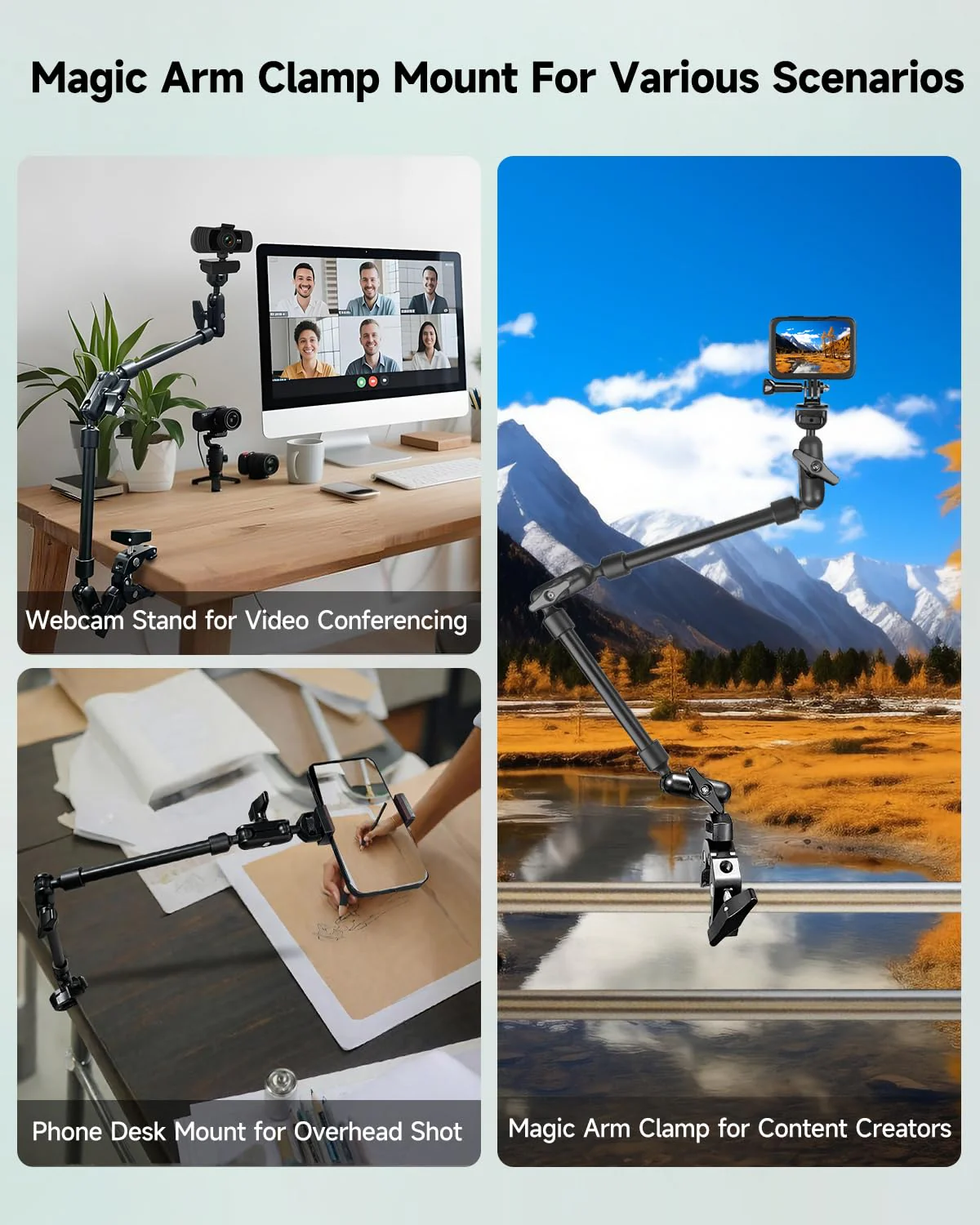 22" Magic Arm w Clamp, Overhead Phone Mount, Desk Camera Mount w Articulating Friction Boom Arm Thread Adapter, for Phone Video Light Webcam Microphone Action Camera Content Creators 22IN-BK - Image 2