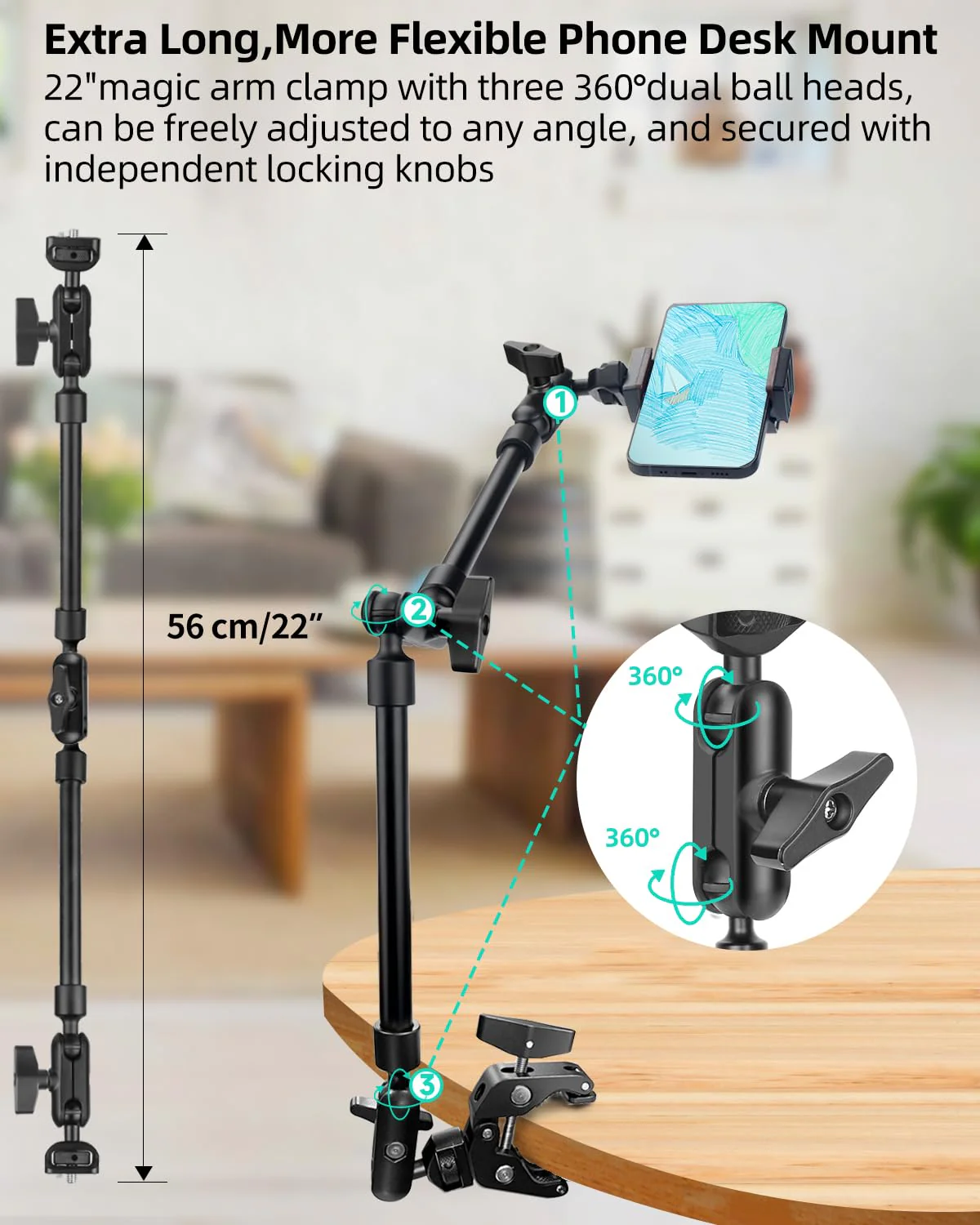 22" Magic Arm w Clamp, Overhead Phone Mount, Desk Camera Mount w Articulating Friction Boom Arm Thread Adapter, for Phone Video Light Webcam Microphone Action Camera Content Creators 22IN-BK - Image 3