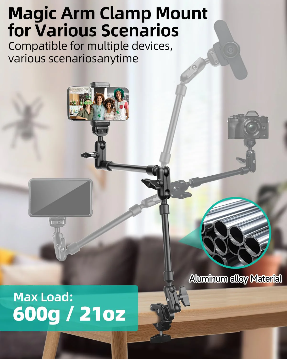 22" Magic Arm w Clamp, Overhead Phone Mount, Desk Camera Mount w Articulating Friction Boom Arm Thread Adapter, for Phone Video Light Webcam Microphone Action Camera Content Creators 22IN-BK - Image 4