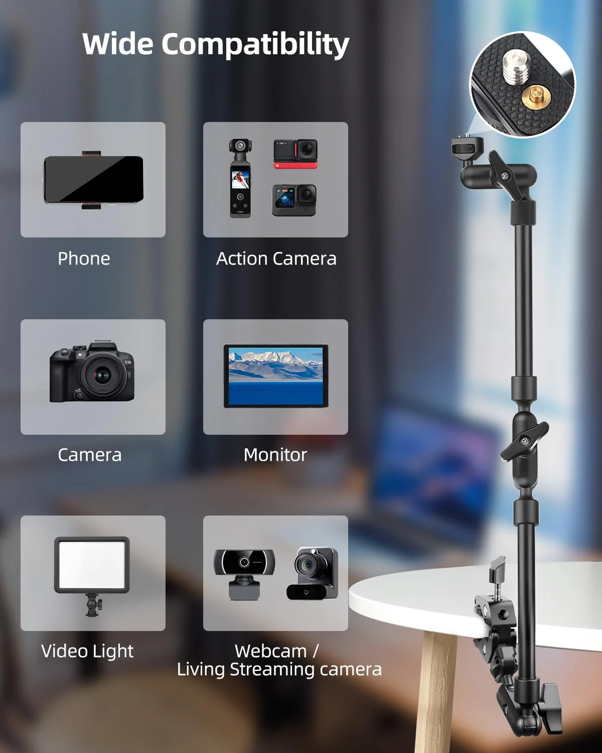 22" Magic Arm w Clamp, Overhead Phone Mount, Desk Camera Mount w Articulating Friction Boom Arm Thread Adapter, for Phone Video Light Webcam Microphone Action Camera Content Creators 22IN-BK - Image 5