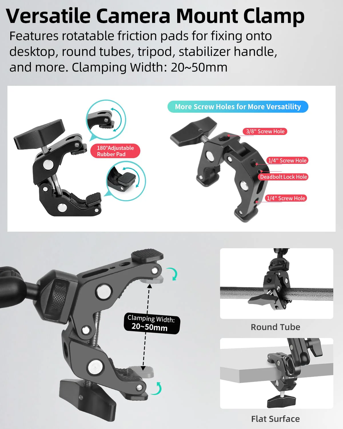 22" Magic Arm w Clamp, Overhead Phone Mount, Desk Camera Mount w Articulating Friction Boom Arm Thread Adapter, for Phone Video Light Webcam Microphone Action Camera Content Creators 22IN-BK - Image 7