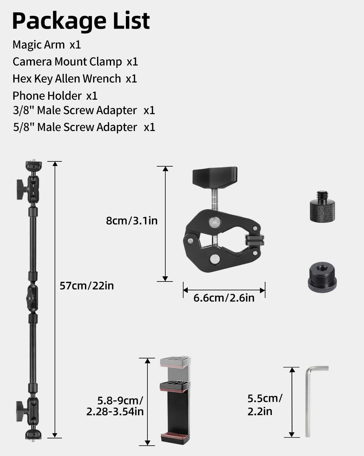 22" Magic Arm w Clamp, Overhead Phone Mount, Desk Camera Mount w Articulating Friction Boom Arm Thread Adapter, for Phone Video Light Webcam Microphone Action Camera Content Creators 22IN-BK - Image 9