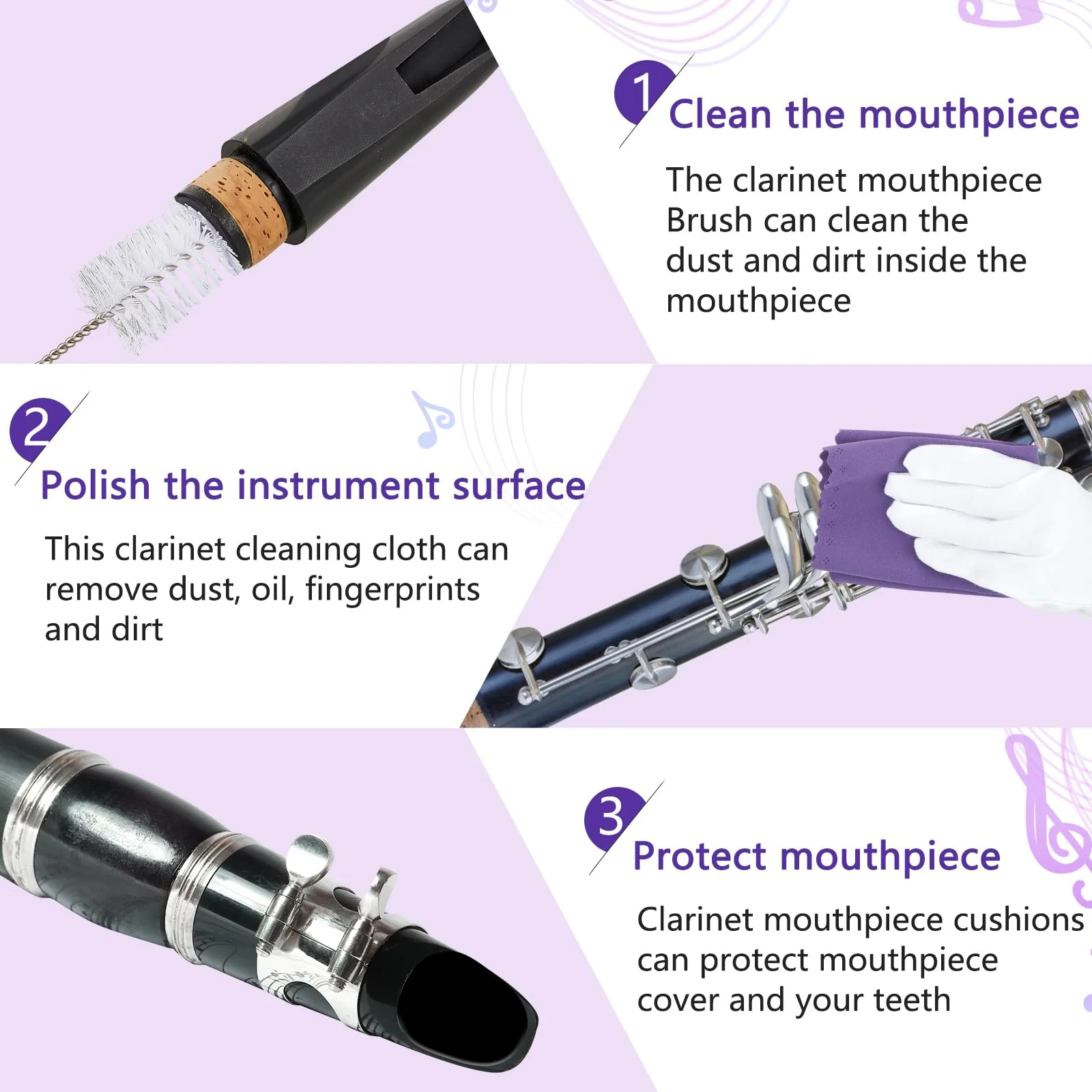 23 Pcs Clarinet Cleaning Kit Clarinet Accessories All in One Clarinet Cleaner Kit with Maintenance Kit Clarinet Swab Clarinet Reeds Cork Grease Thumb Rest for Clarinet Wind Instrument (Purple) Purple - Image 6