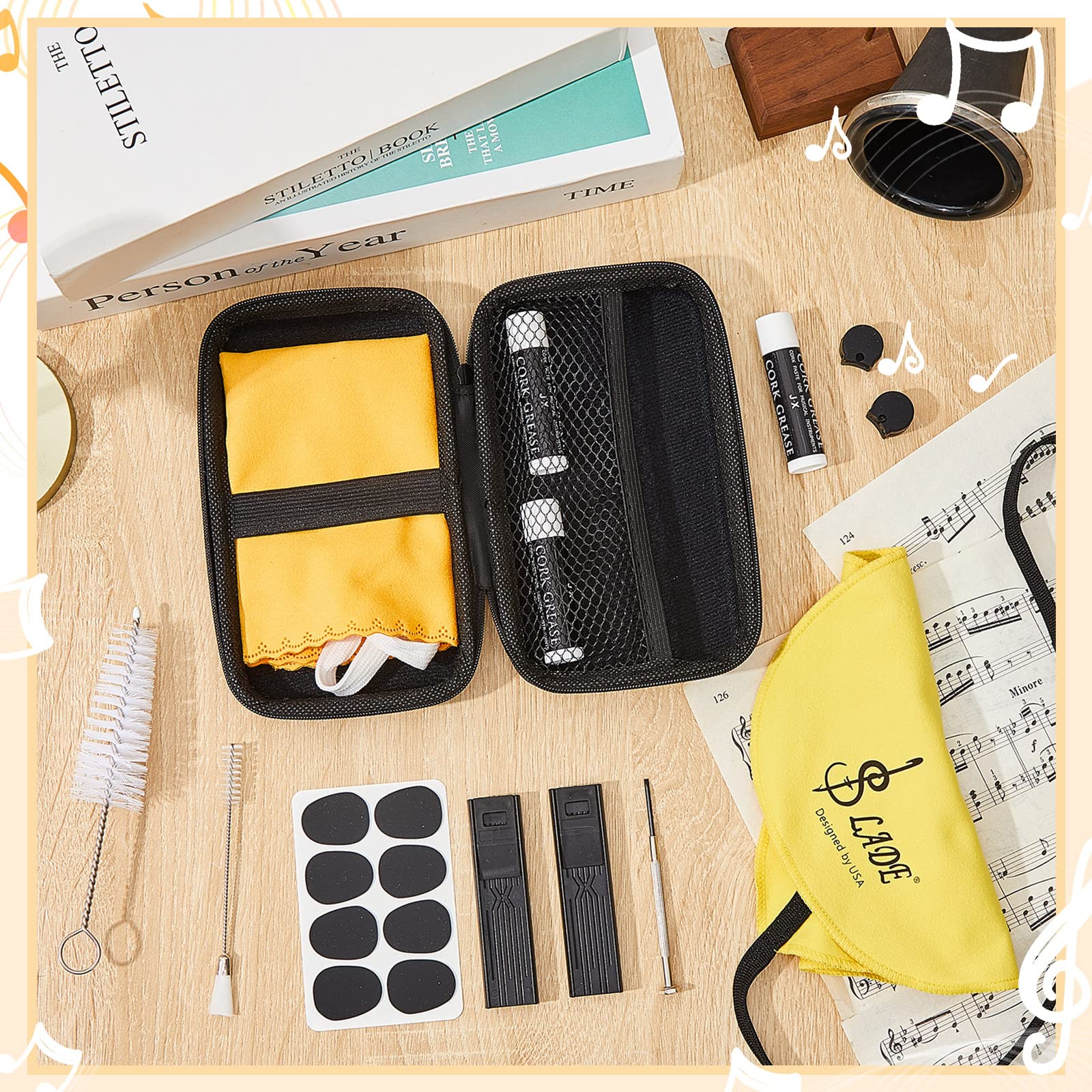 23 Pcs Clarinet Cleaning Kit Clarinet Accessories All in One Clarinet Cleaner Kit with Maintenance Kit Clarinet Swab Clarinet Reeds Cork Grease Thumb Rest for Clarinet Wind Instrument (Yellow) Yellow - Image 4