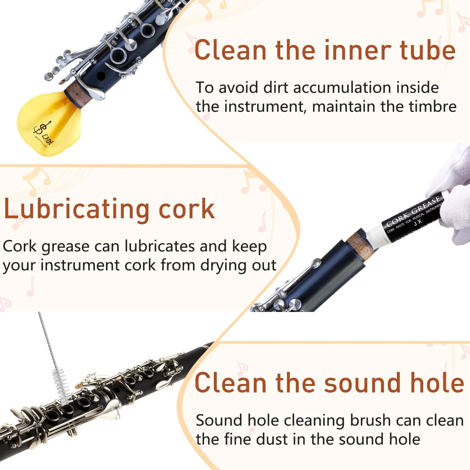 23 Pcs Clarinet Cleaning Kit Clarinet Accessories All in One Clarinet Cleaner Kit with Maintenance Kit Clarinet Swab Clarinet Reeds Cork Grease Thumb Rest for Clarinet Wind Instrument (Yellow) Yellow - Image 5