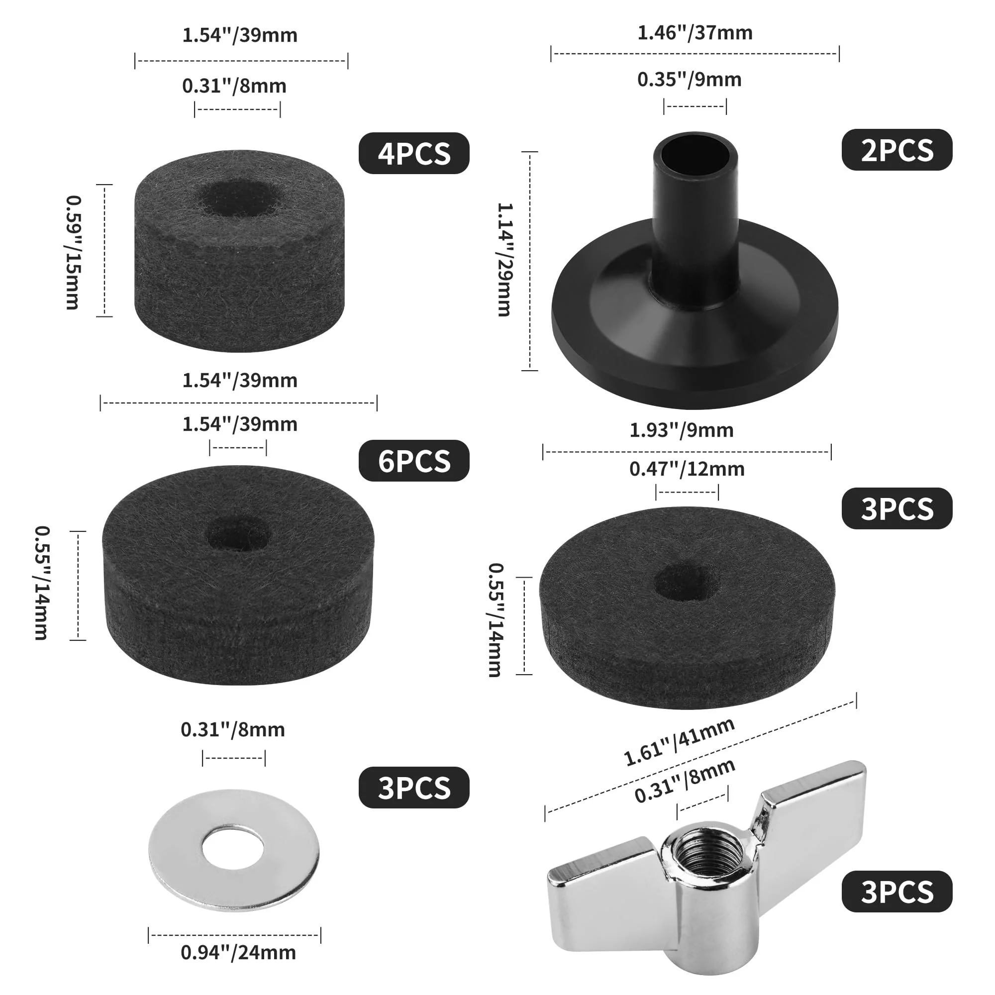 23 Pieces Cymbal Replacement Accessories, Includes Cymbal Stand Felts, Drum Cymbal Felt Pads, Wing Nuts, Washers, Cymbal Sleeves and Drum Key - Black - Image 5