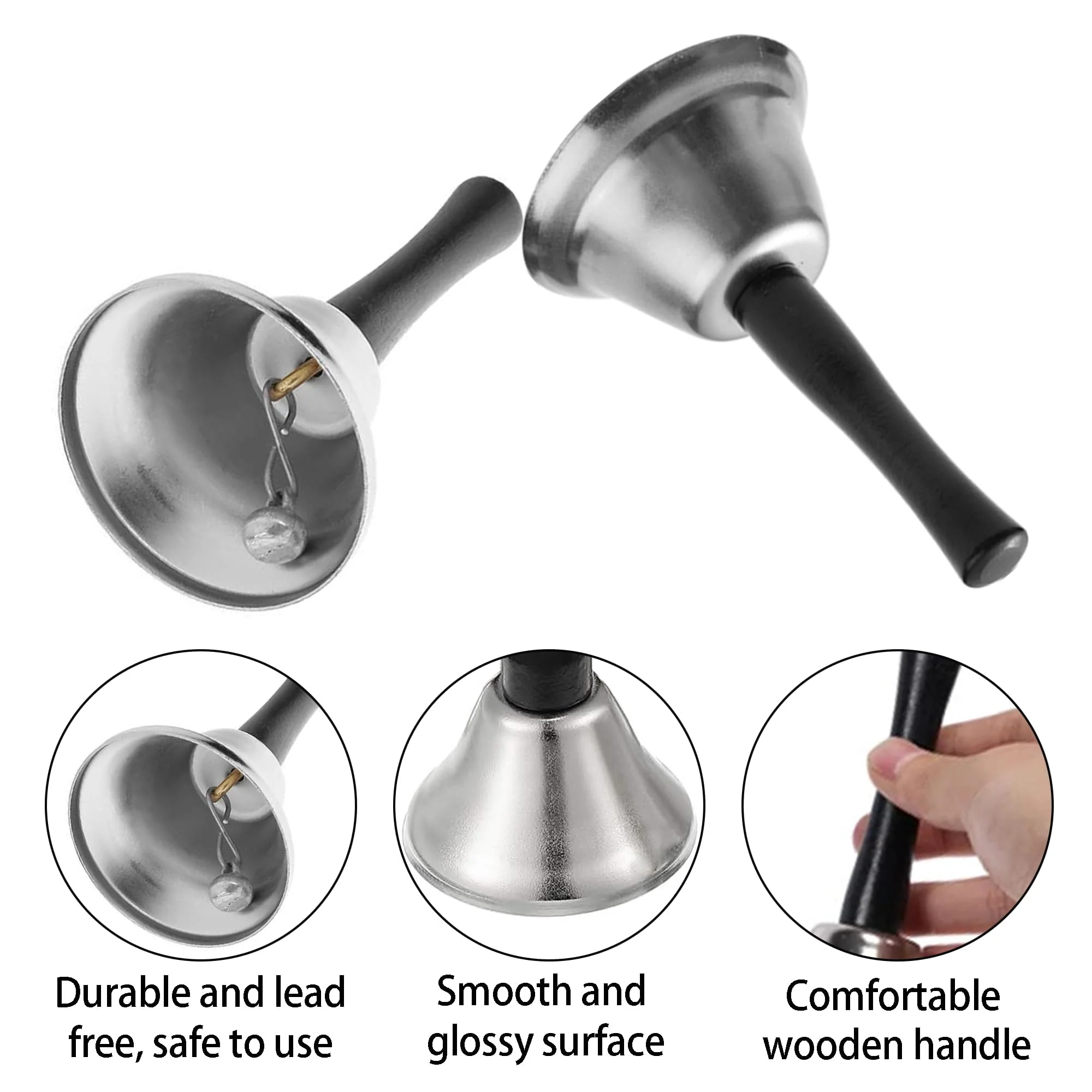 24 Pcs Hand Bells Steel Service Handbells Black Wooden Handle Diatonic Metal Bells Musical Percussion for School Church Wedding Dinner Calling Decor (Silver) - Image 3