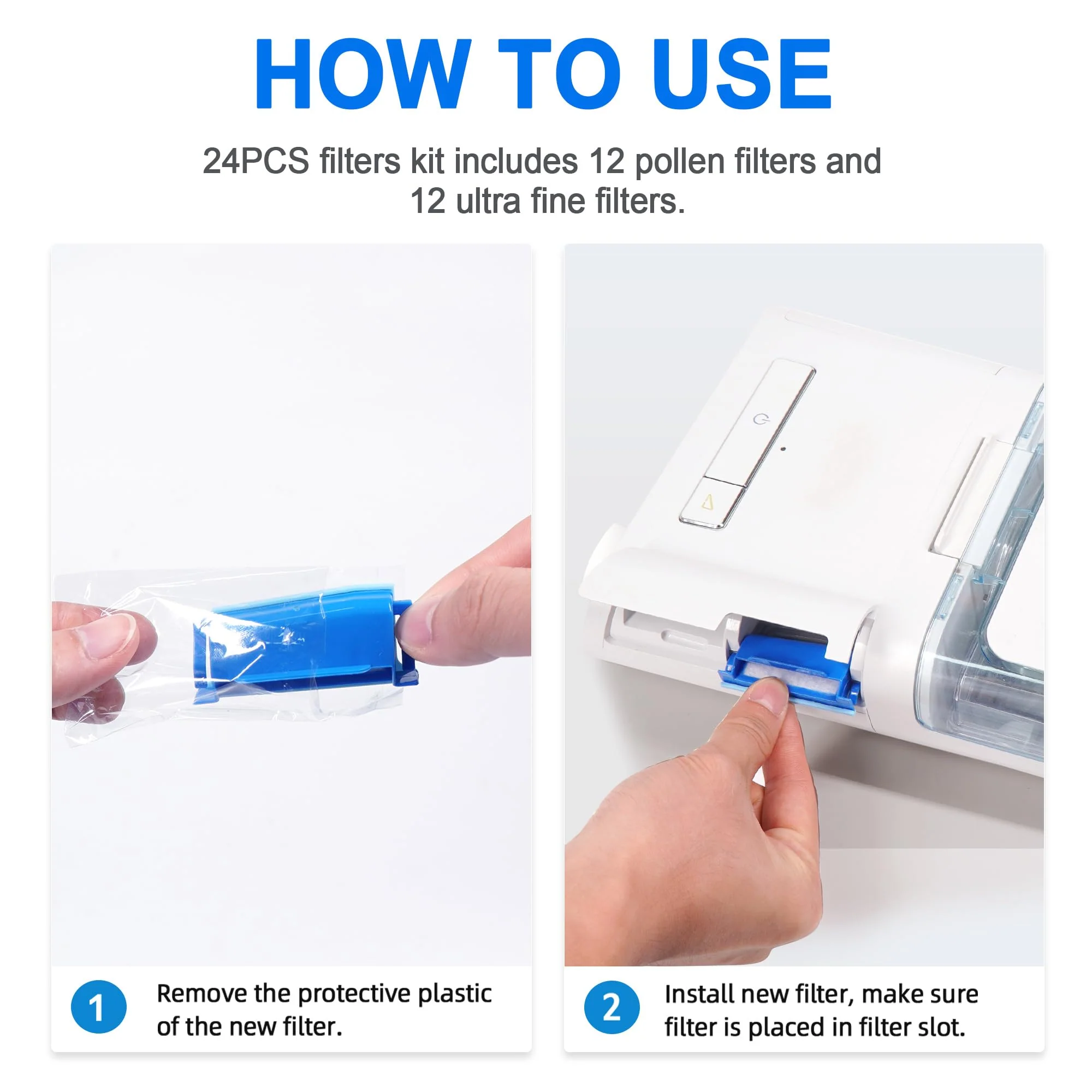 24 pieces filters compatible with Dream Station 1, contains 12 pre-assembled pollen filters and 12 ultra-fine filters, replacement CPAP filters provided by BlessEase - Image 6