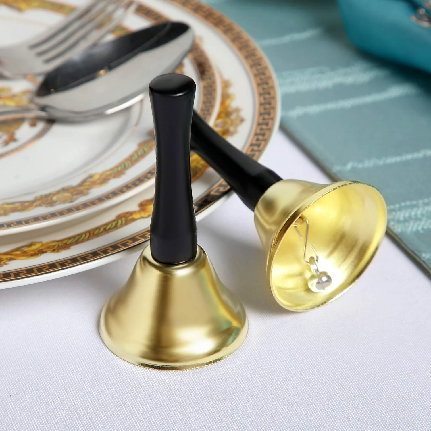 24 Pieces Hand Bells Silver Steel Service Handbells Black Wooden Handle Diatonic Metal Bells Musical Percussion (Gold) Gold - Image 4