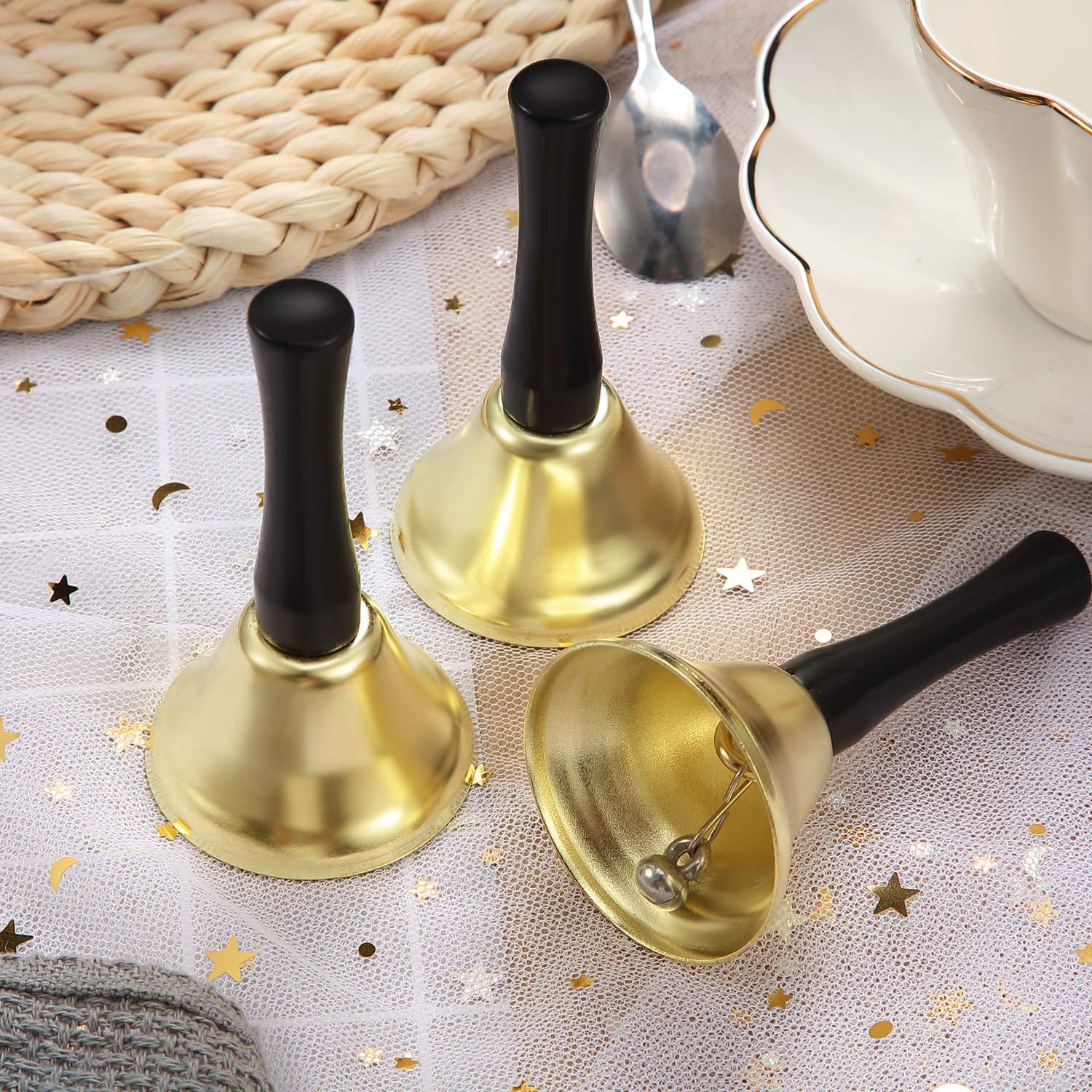 24 Pieces Hand Bells Silver Steel Service Handbells Black Wooden Handle Diatonic Metal Bells Musical Percussion (Gold) Gold - Image 6