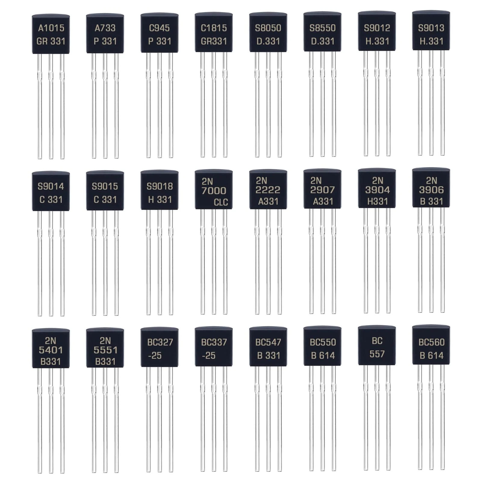 24 Values BJT Transistor Kit A1015 A733 C945 C1815 S8050 S8550 S9012 S9013 S9014 S9015 S9018 2N7000 2N2222 2N2907 2N3904 2N3906 2N5401 2N5551 BC327 BC337 BC547 BC550 BC557 BC560 Transistors - Image 2