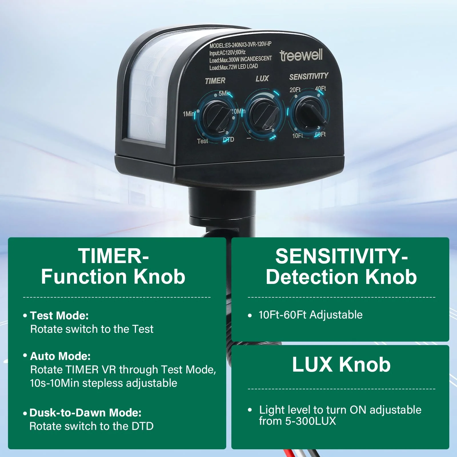 240-Degree Replacement Motion Sensor, Adjustable LUX(5-300) & Time & Detection Sensitivity Up to 60 Feet Range, 3 Working Modes Outdoor Motion Detector for Security Floodlight, Black - Image 3