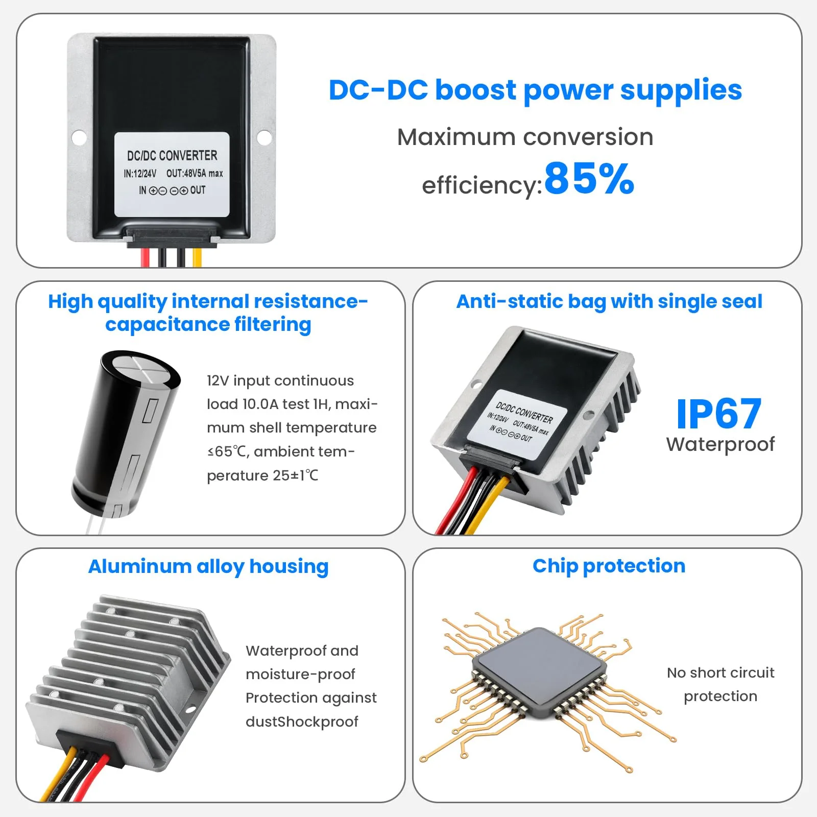 240W DC-DC Boost Converter, 12V/24V to 48V 5A Boost Transformer - Waterproof IP67,Suitable for Golf Carts, Solar Panels, Electric Scooters, Overload/Short Circuit Protection Grey-DC 12V to 48V5A - Image 4