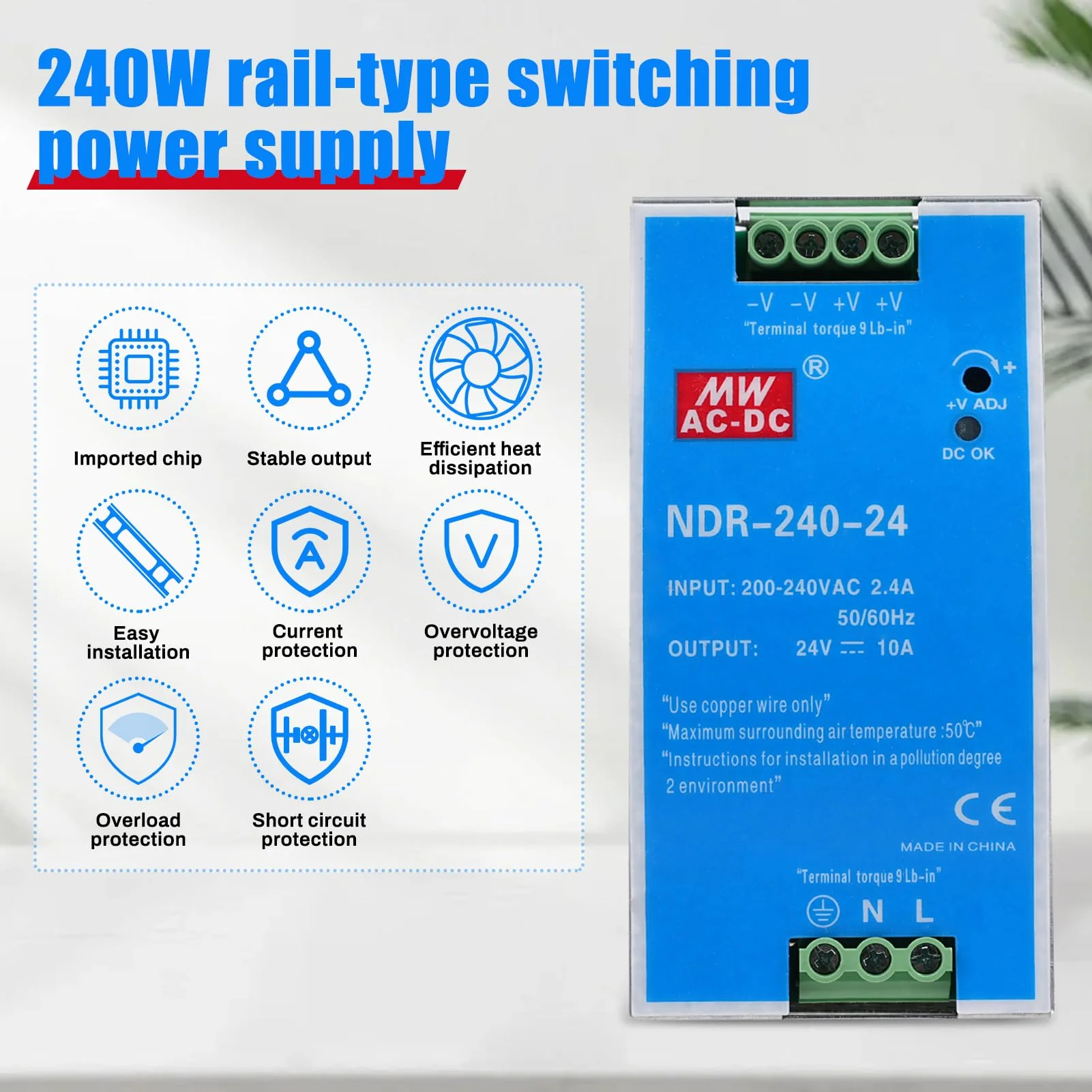 240W DIN Rail Power Supply 24V DIN Rail Switching Power Supply Input AC 100-220V 2.4A Output DC 24V 10A Multiple Protection Functions Industrial Model NDR-240W-24V 240W-10A - Image 2