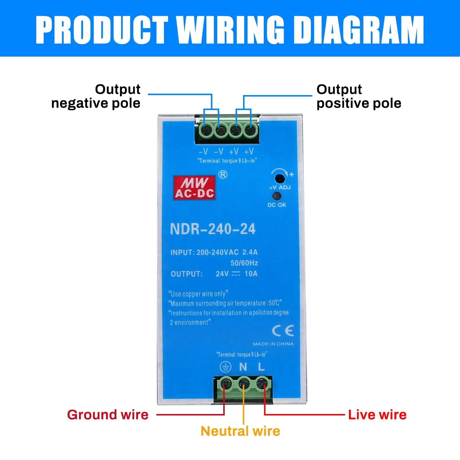 240W DIN Rail Power Supply 24V DIN Rail Switching Power Supply Input AC 100-220V 2.4A Output DC 24V 10A Multiple Protection Functions Industrial Model NDR-240W-24V 240W-10A - Image 5
