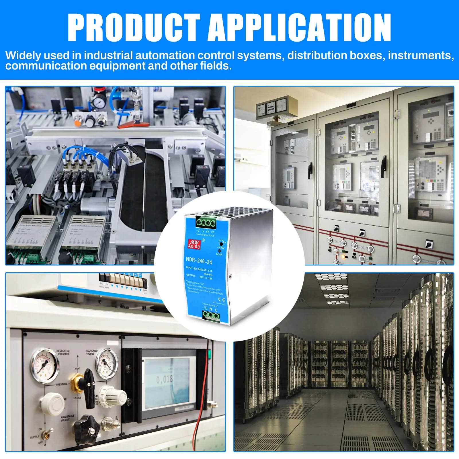 240W DIN Rail Power Supply 24V DIN Rail Switching Power Supply Input AC 100-220V 2.4A Output DC 24V 10A Multiple Protection Functions Industrial Model NDR-240W-24V 240W-10A - Image 7