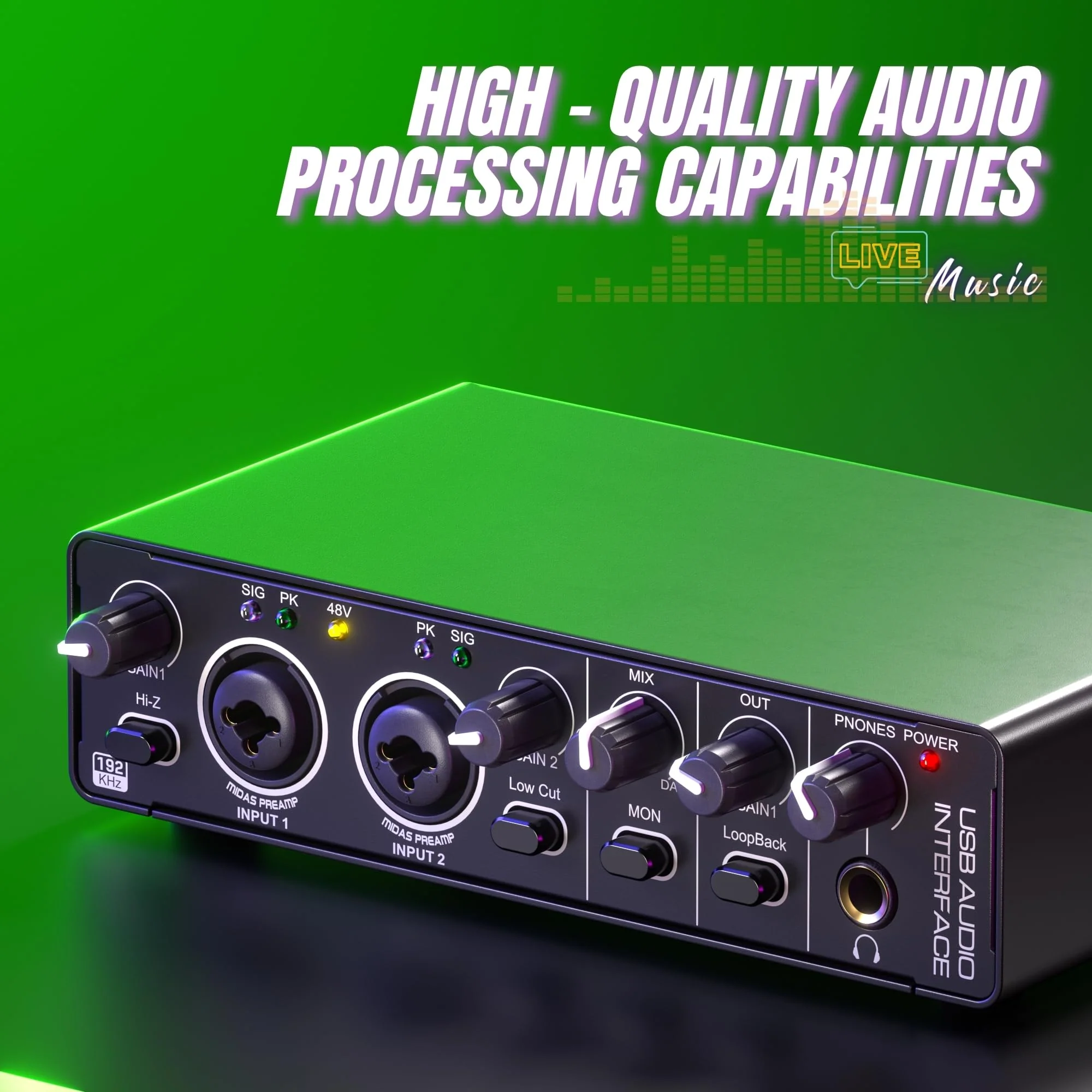 24Bit 192kHz Audio Interface, 2 In 2 Out USB Audio Interface for Recording, Streaming, Podcasting with Pro Audio Mixer, Mic Preamplifier, XLR TSR TS Ports, 48V Phantom Power - Image 2