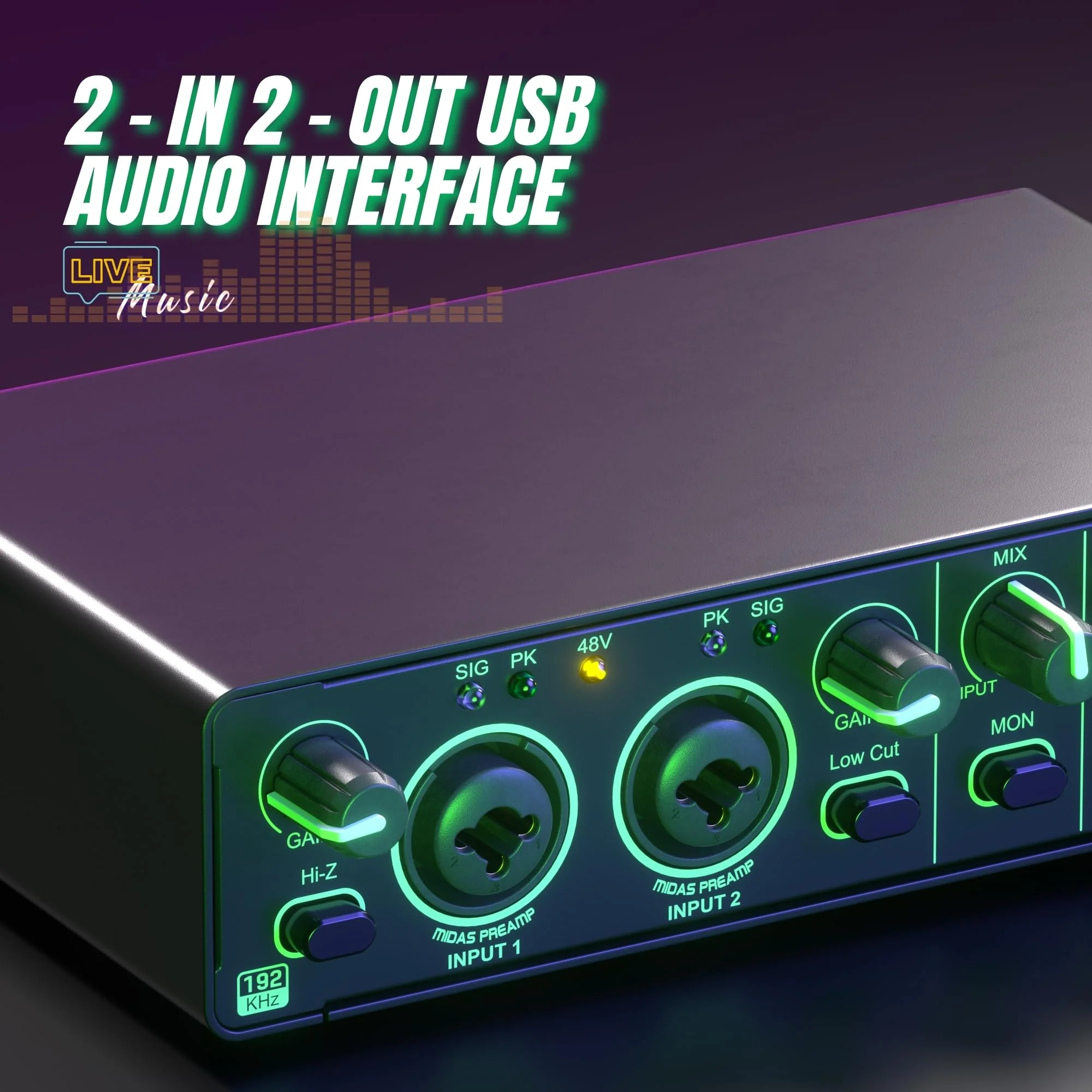 24Bit 192kHz Audio Interface, 2 In 2 Out USB Audio Interface for Recording, Streaming, Podcasting with Pro Audio Mixer, Mic Preamplifier, XLR TSR TS Ports, 48V Phantom Power - Image 3