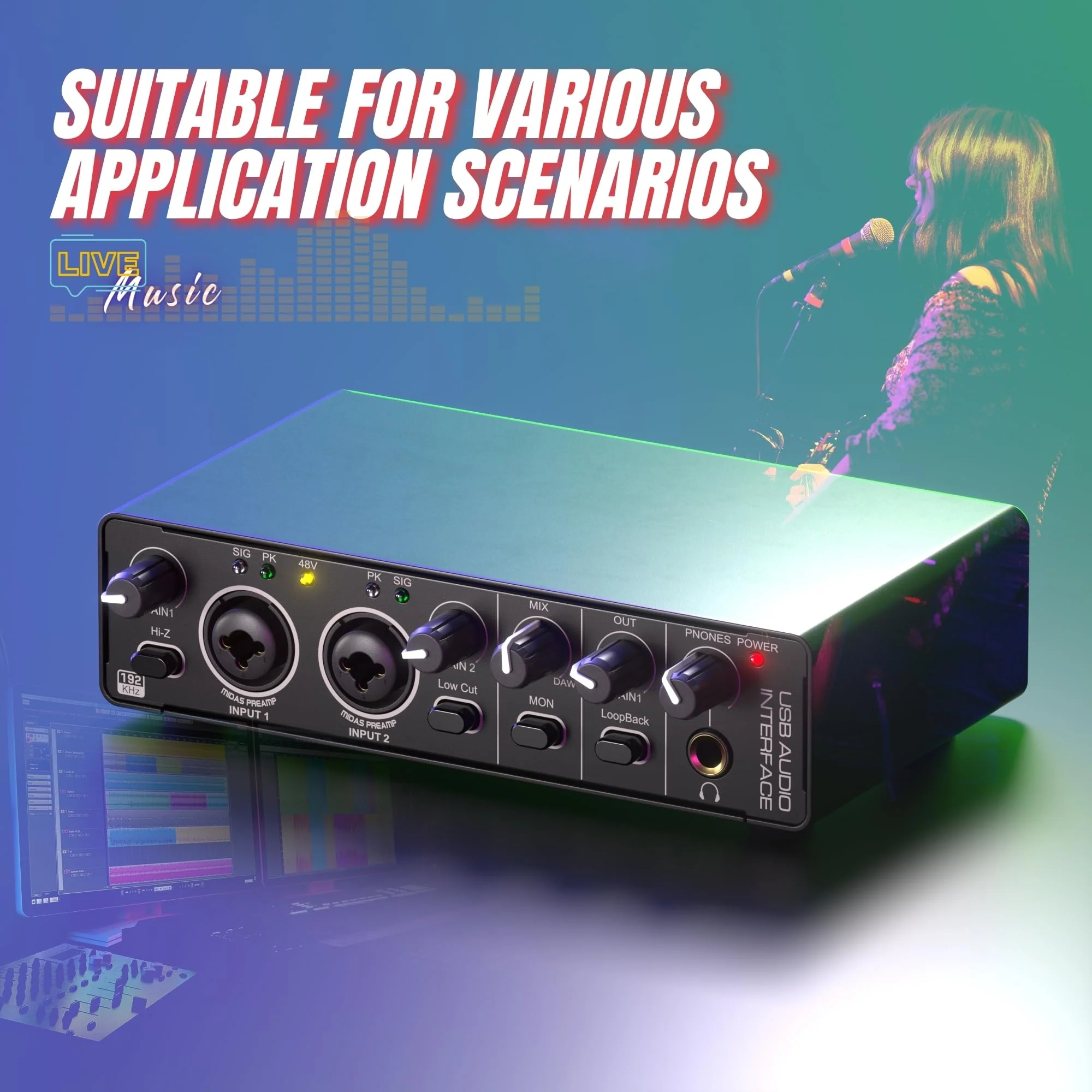 24Bit 192kHz Audio Interface, 2 In 2 Out USB Audio Interface for Recording, Streaming, Podcasting with Pro Audio Mixer, Mic Preamplifier, XLR TSR TS Ports, 48V Phantom Power - Image 4