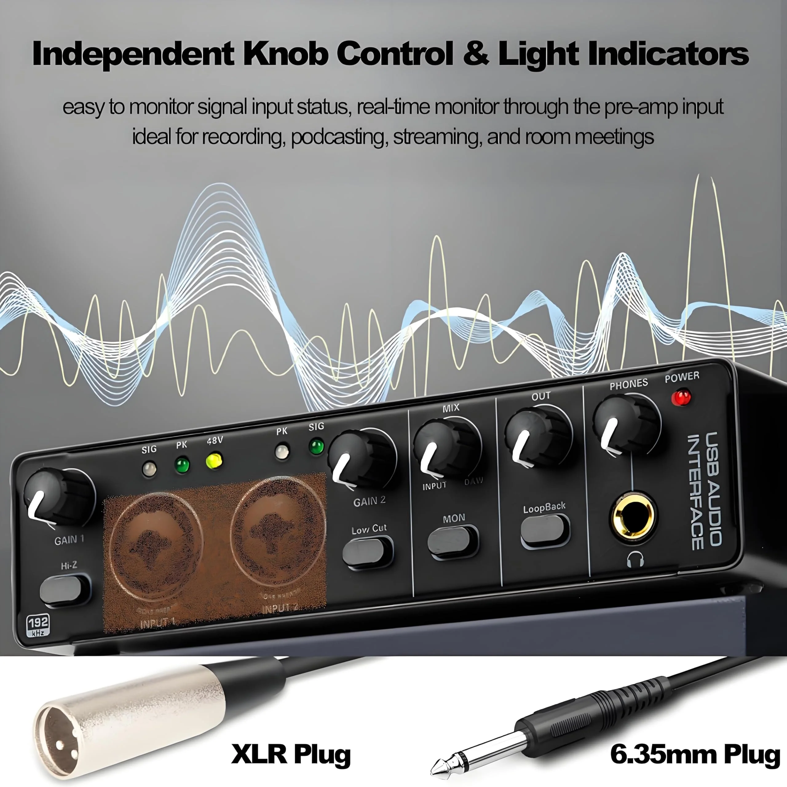24Bit 192kHz Audio Interface, 2 In 2 Out USB Audio Interface for Recording, Streaming, Podcasting with Pro Audio Mixer, Mic Preamplifier, XLR TSR TS Ports, 48V Phantom Power - Image 8