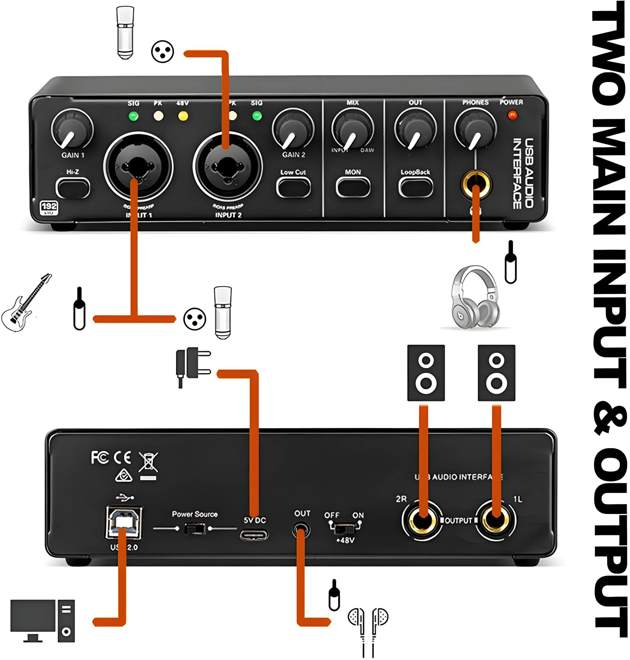 24Bit 192kHz Audio Interface, 2 In 2 Out USB Audio Interface for Recording, Streaming, Podcasting with Pro Audio Mixer, Mic Preamplifier, XLR TSR TS Ports, 48V Phantom Power - Image 9
