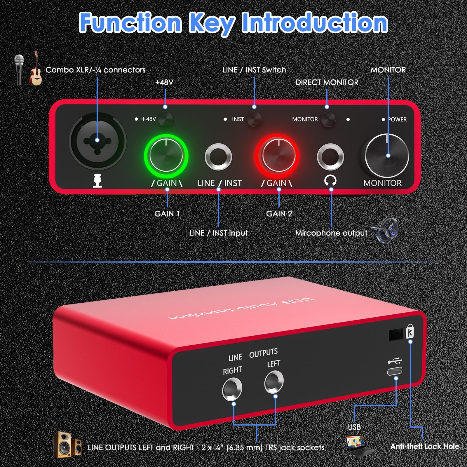 24Bit/192kHz USB Audio Interface with 48V Phantom Power - Studio Quality Recording for Musicians, Vocalists & Podcasters | Plug & Play | Works with Mac/PC & DAWs | Perfect for Home Studio & Streaming OT-AR001B-UG - Image 2