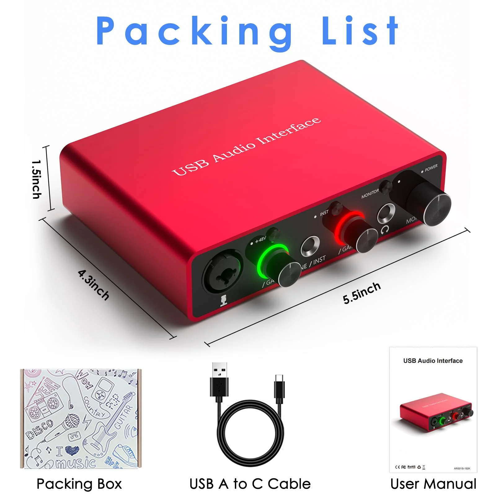 24Bit/192kHz USB Audio Interface with 48V Phantom Power - Studio Quality Recording for Musicians, Vocalists & Podcasters | Plug & Play | Works with Mac/PC & DAWs | Perfect for Home Studio & Streaming OT-AR001B-UG - Image 7