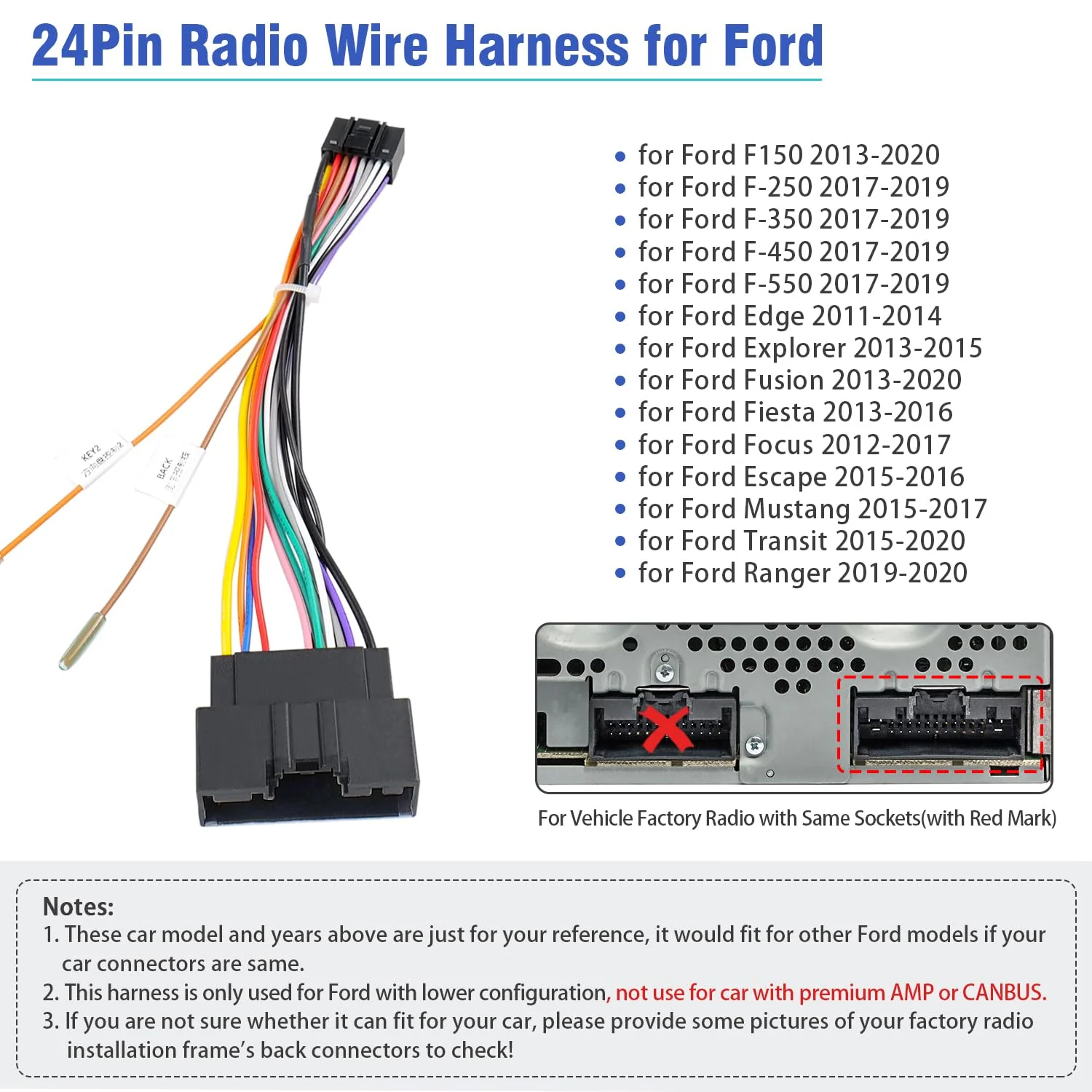 24Pin Radio Wiring Harness Compatible with Ford F150/250/350/450/550 Explorer Fusion Focus Mustang Transit Fiesta, 16Pin Car Stereo Wire Adapter+Butt Connector - Image 2