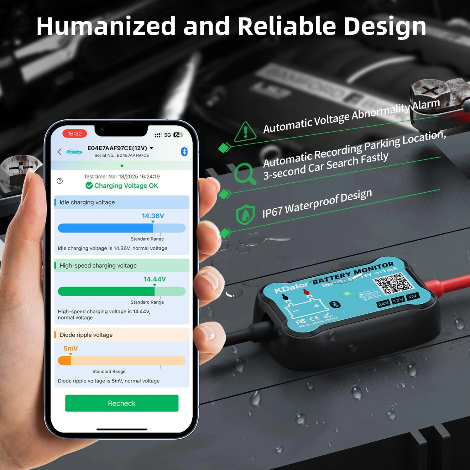 24V 12V 6V Bluetooth Battery Monitor BM7–Work for All Lead-Acid & Lithium Battery with Charging, Cranking System Test & Auto Alarm – Waterproof Voltmeter for Cars, Vans, Trucks, Motorcycles, Boats For 6V-24V Lead-Acid & Lithium Battery - Image 4