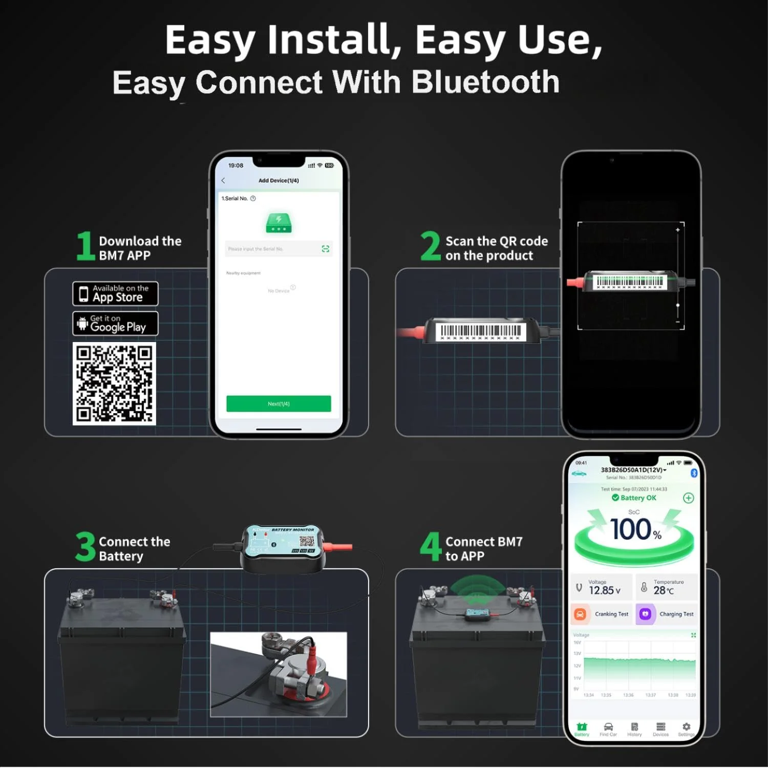 24V 12V 6V Bluetooth Battery Monitor BM7–Work for All Lead-Acid & Lithium Battery with Charging, Cranking System Test & Auto Alarm – Waterproof Voltmeter for Cars, Vans, Trucks, Motorcycles, Boats For 6V-24V Lead-Acid & Lithium Battery - Image 6