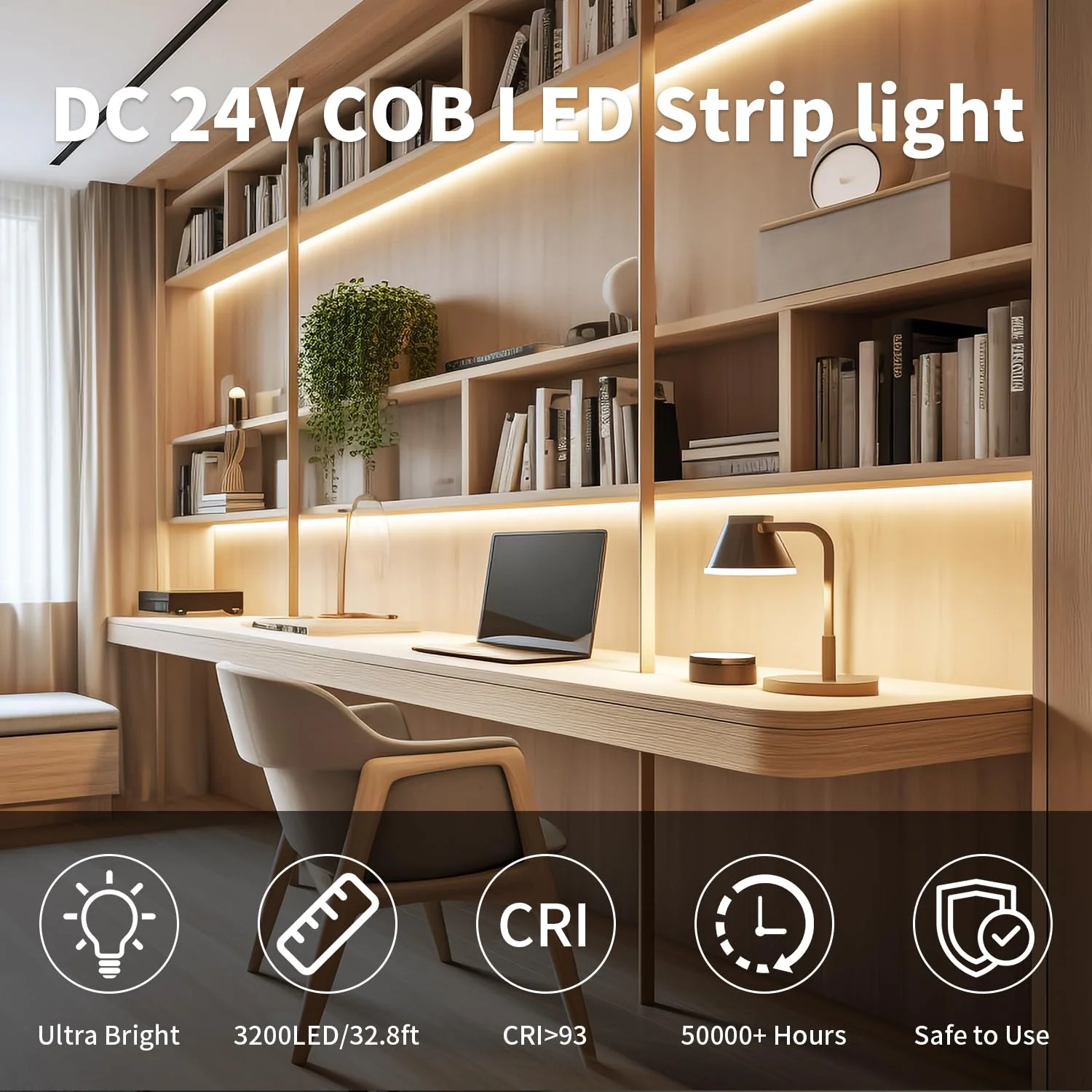24V COB Led Strip Lights WarmWhite 3000K, 32.8FT/10M CRI 93+ Cob Led Tape Lights 3200Leds Flexible Dimmable Lights Strip for Bedroom, Mirror, Cabinet, Kitchen Room Decor(Only Strip) Warm White(not included power adapter) - Image 2