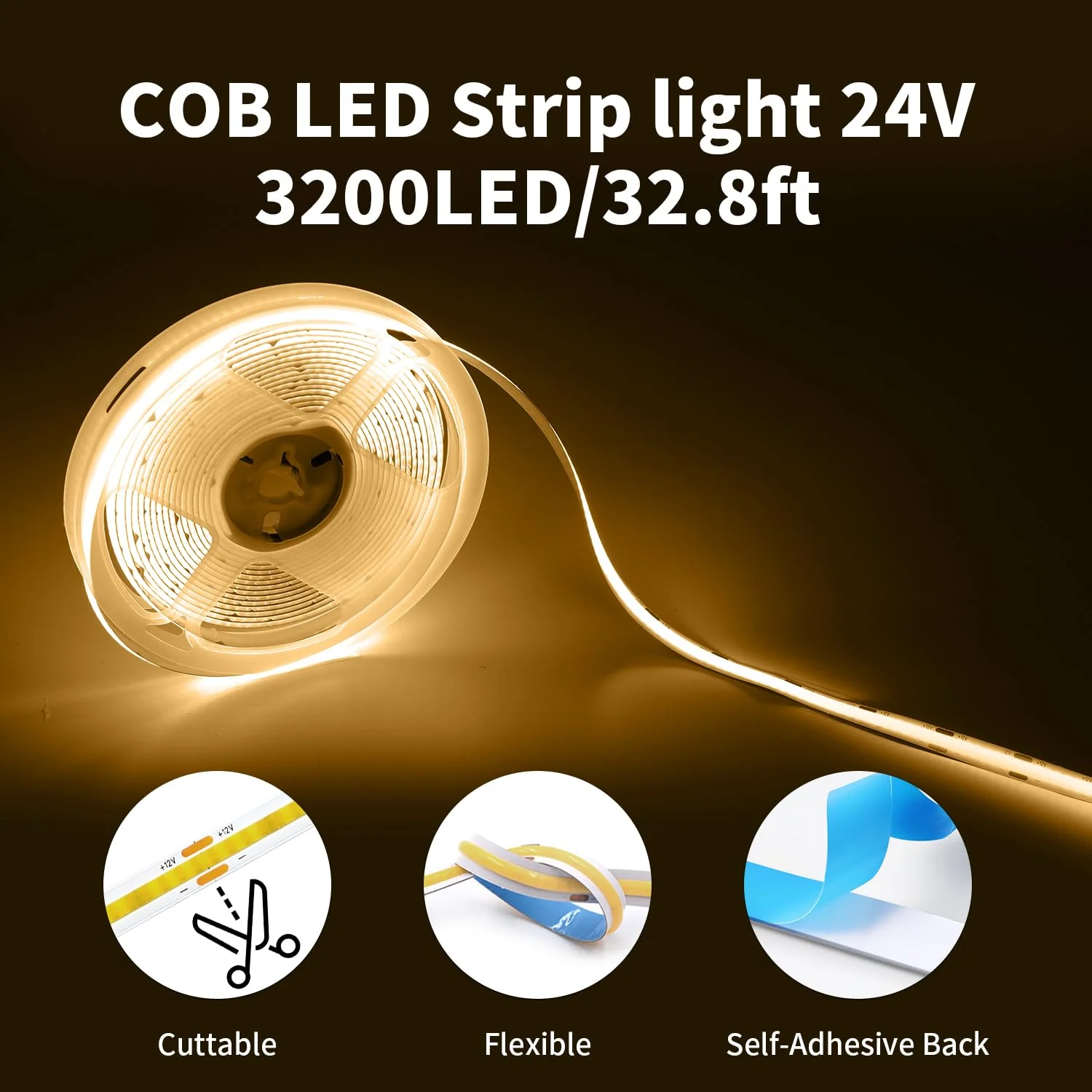 24V COB Led Strip Lights WarmWhite 3000K, 32.8FT/10M CRI 93+ Cob Led Tape Lights 3200Leds Flexible Dimmable Lights Strip for Bedroom, Mirror, Cabinet, Kitchen Room Decor(Only Strip) Warm White(not included power adapter) - Image 4