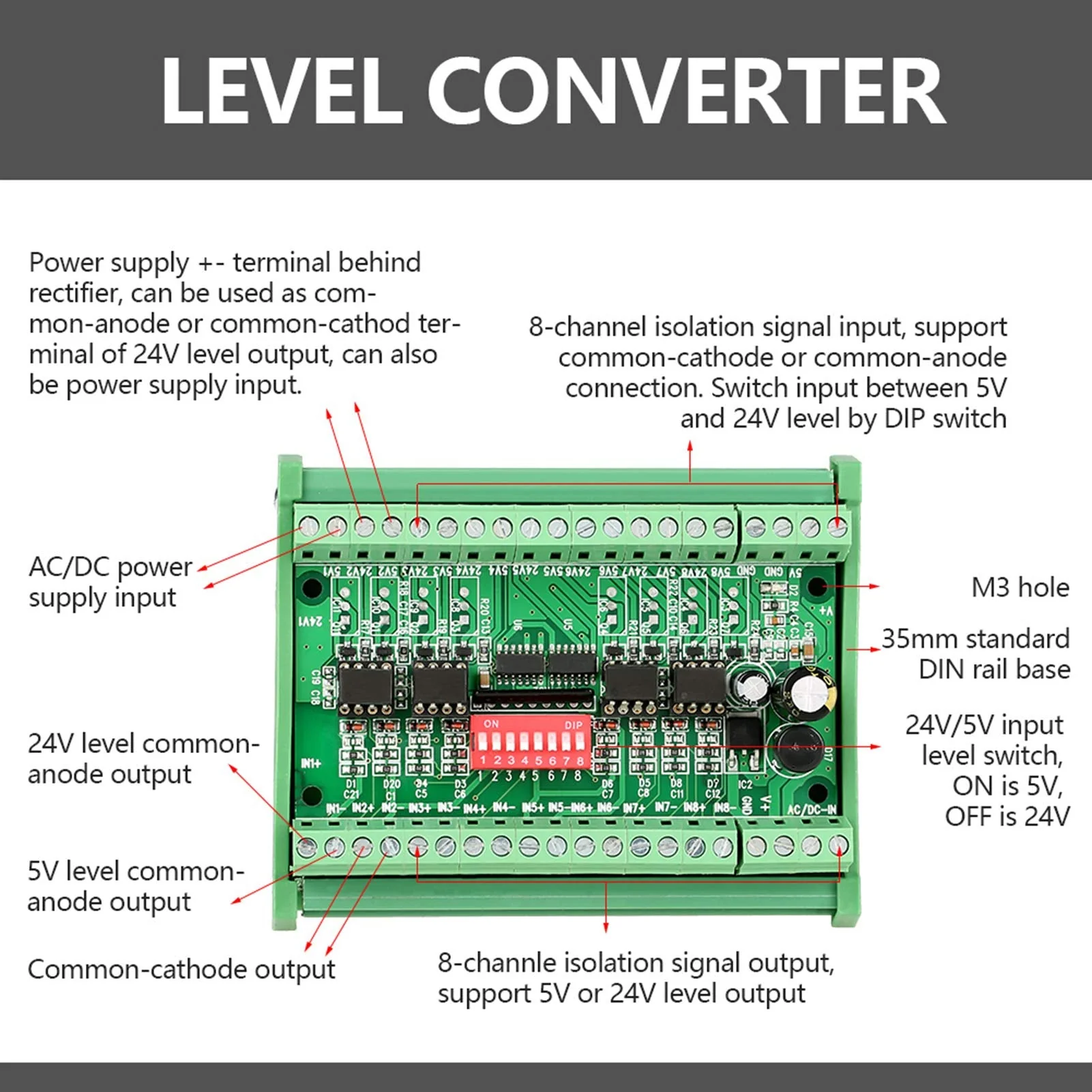 24V to 5V Optocoupler Level Changer 8 Channel 24V to 5V Npn Pnp Converter, 5V-24V Logic Level Converter, 1 Piece Przemysł i nauka, #819 - Image 4