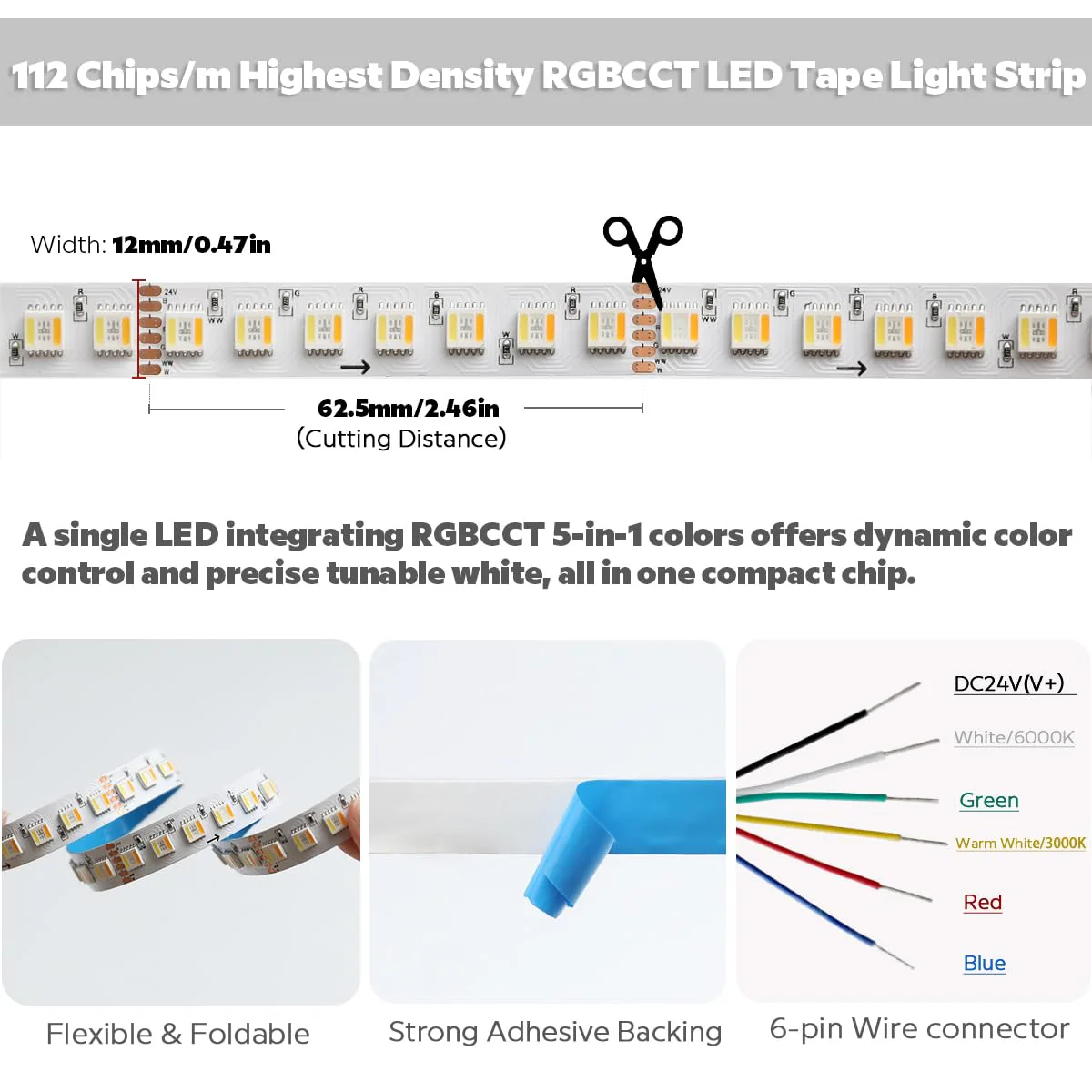 24VDC Highest Density 5-in-1 5050 RGBWW (RGB+Warm White+Daylight) 112LEDs/m Bright RGBCCT LED Strip 16.4FT Dimmable Tape Lights for Bedroom Decor (16.4Ft IP20 Non-Waterproof) 16.4Ft IP20 Non-waterproof - Image 2