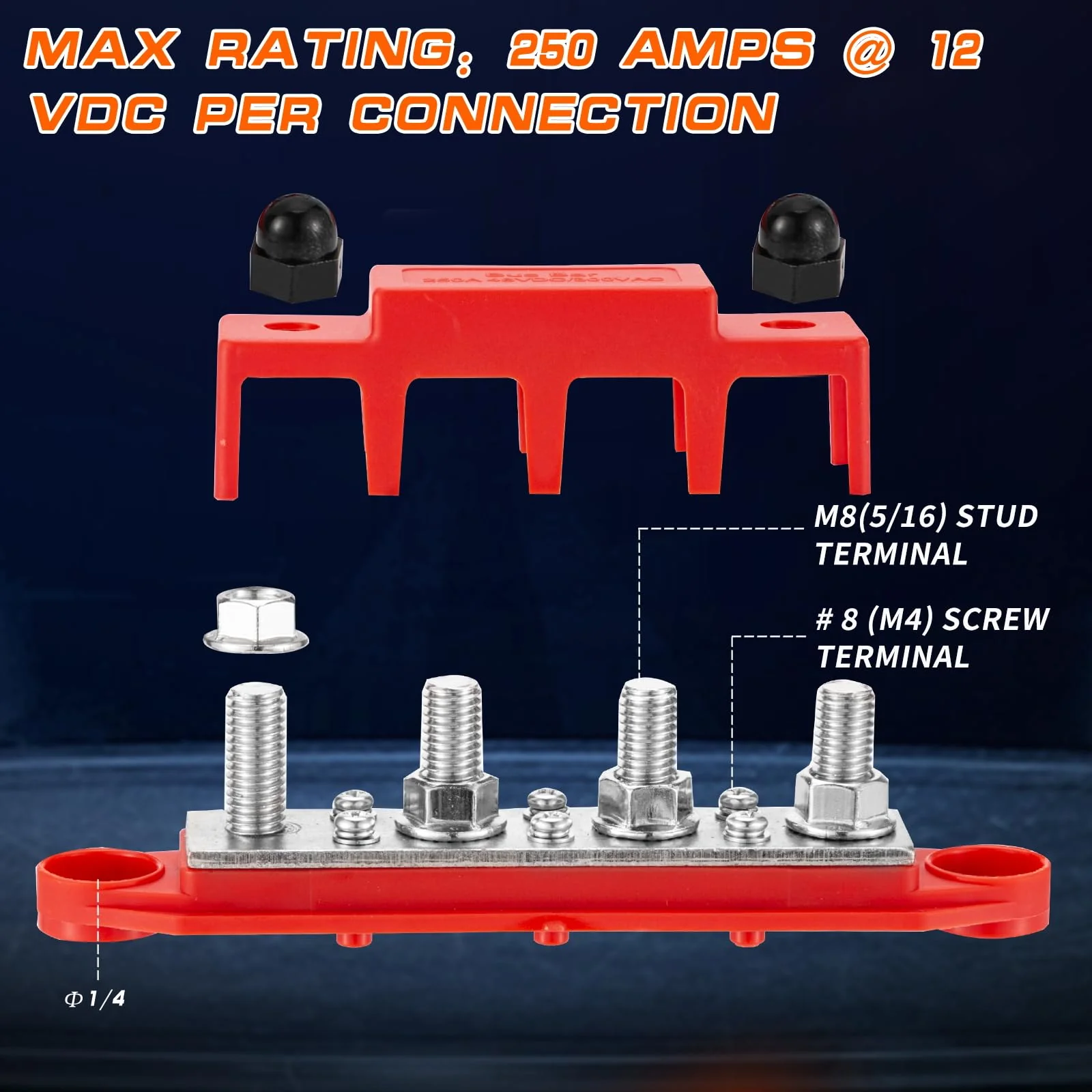 250 A 12 V Busbar 4 x M8 (5/16 Inch) Terminal Bolts DC Bus Bars Distribution Block with Cover, Negative & Positive High Performance Module BusBar Box for Car, Boat, Solar System (M8) - Image 3