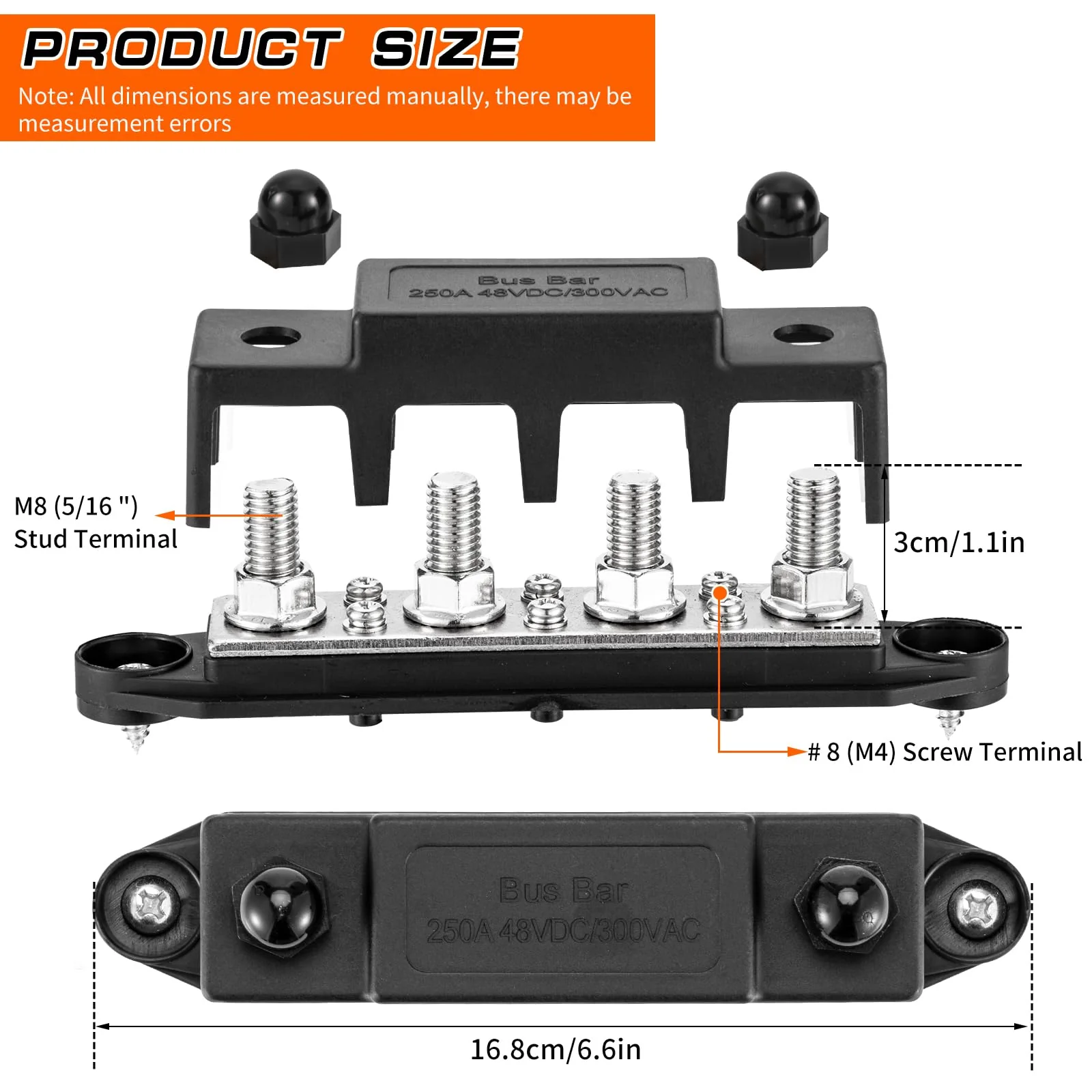 250 A 12 V Busbar 4 x M8 (5/16 Inch) Terminal Bolts DC Bus Bars Distribution Block with Cover, Negative & Positive High Performance Module BusBar Box for Car, Boat, Solar System (M8) - Image 4
